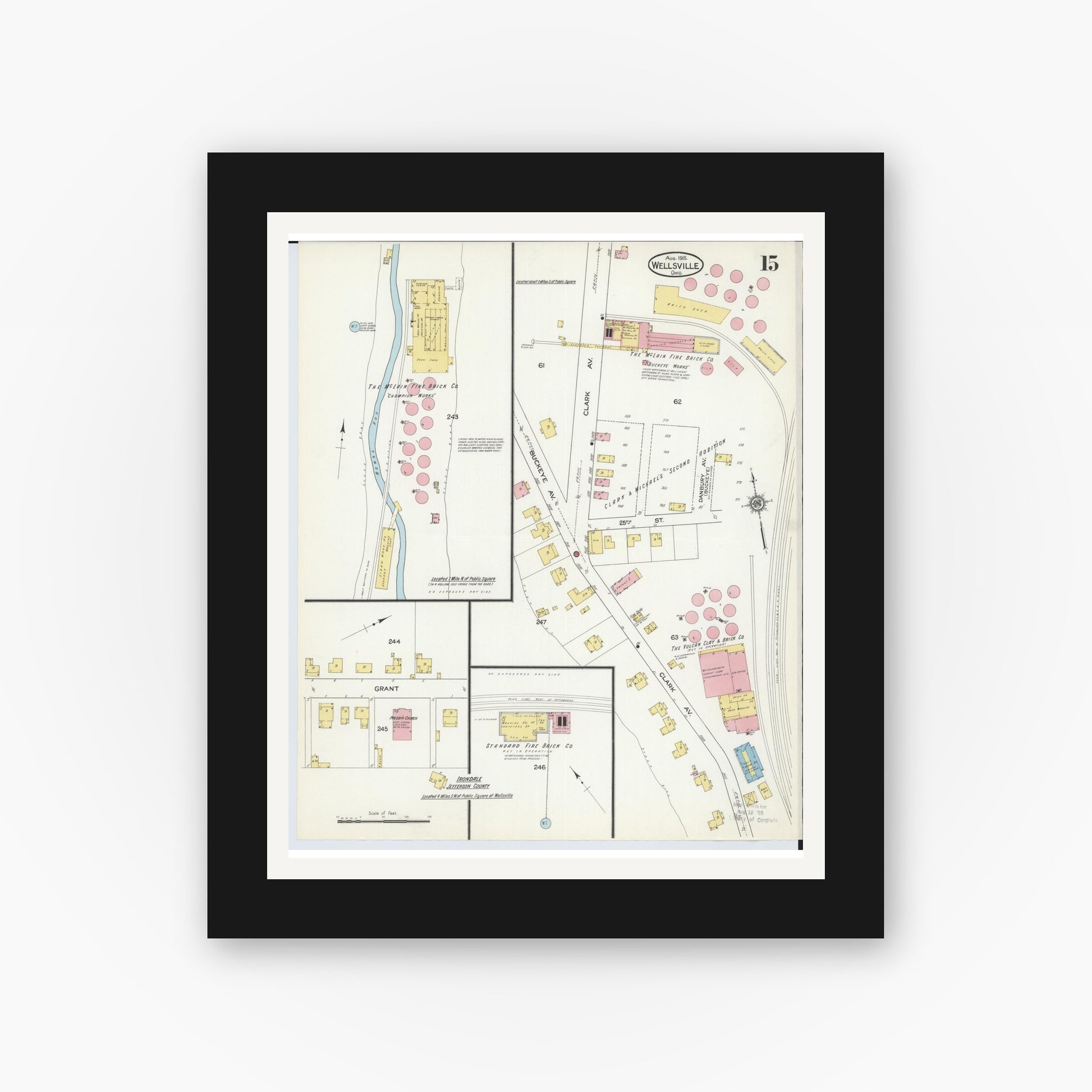 Old map wall art mockup — black gallery frame with white mat — Sanborn Fire Insurance Map from Wellsville, Columbiana County, Ohio (1915), Sheet #0015