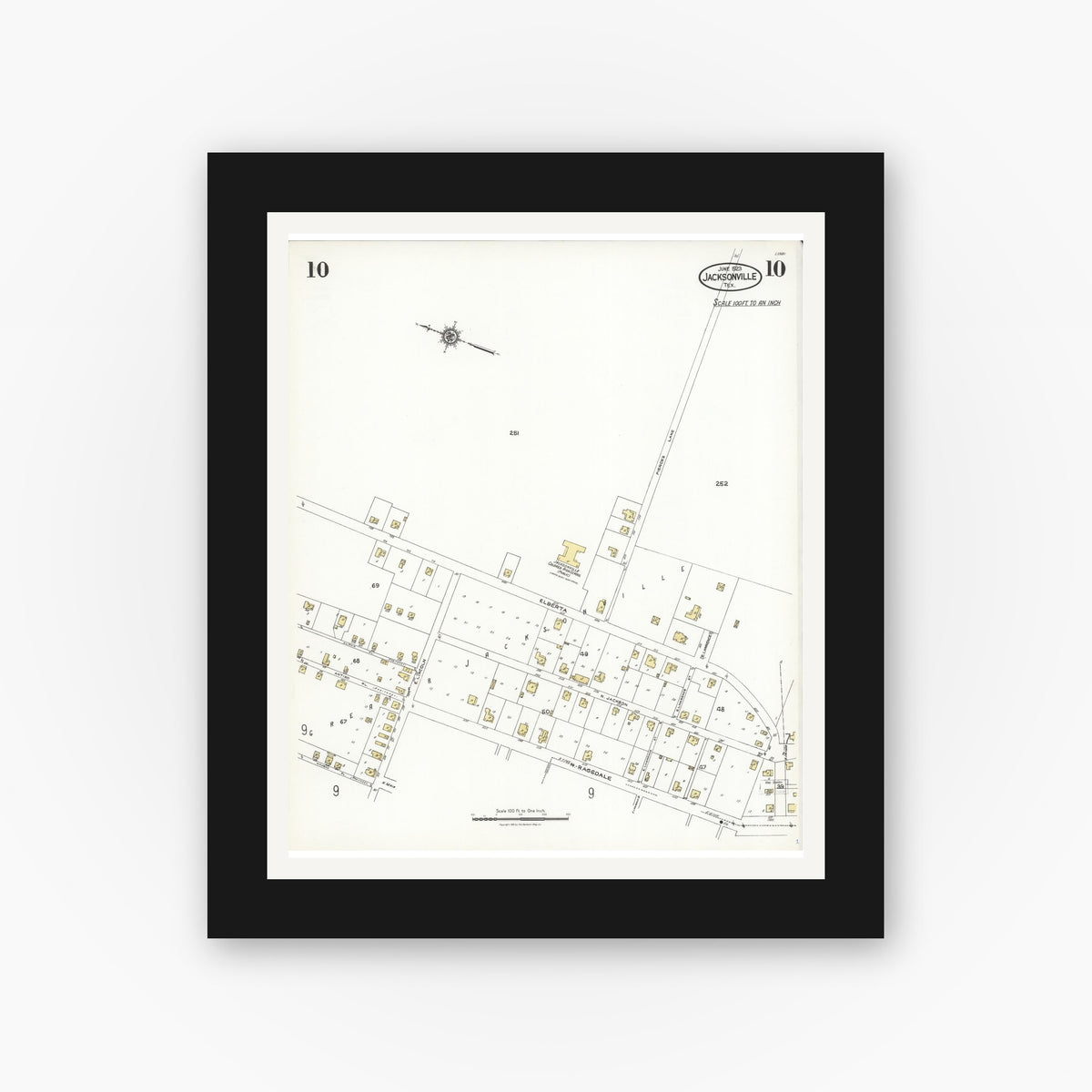 Old map wall art mockup — black gallery frame with white mat — Sanborn Fire Insurance Map from Jacksonville, Cherokee County, Texas (1923), Sheet #0010