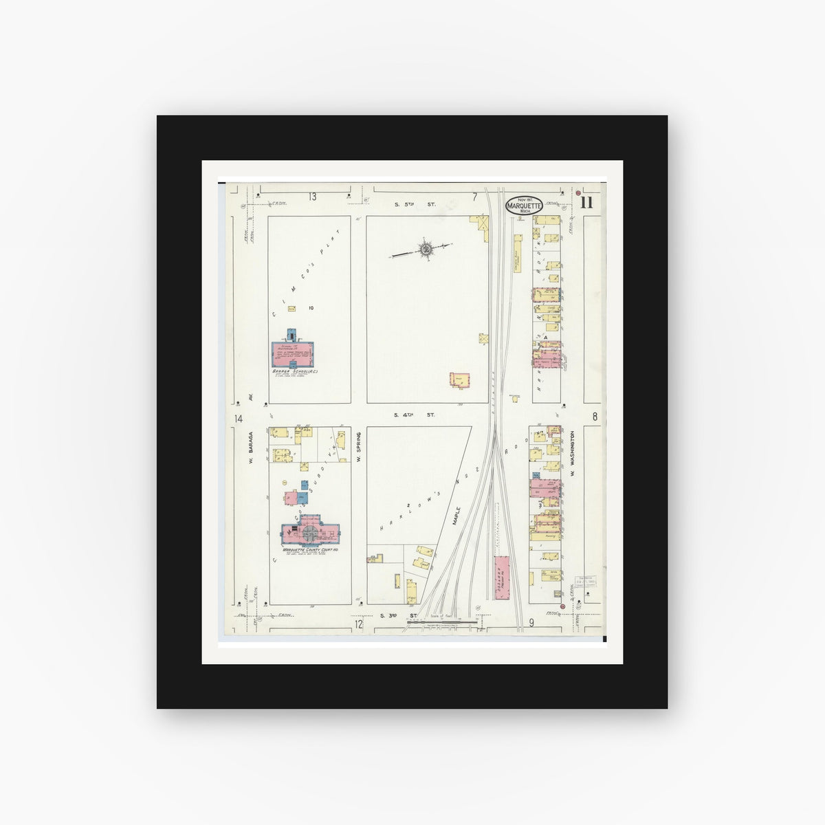 Old map wall art mockup — black gallery frame with white mat — Sanborn Fire Insurance Map from Marquette, Marquette County, Michigan (1917), Sheet #0011