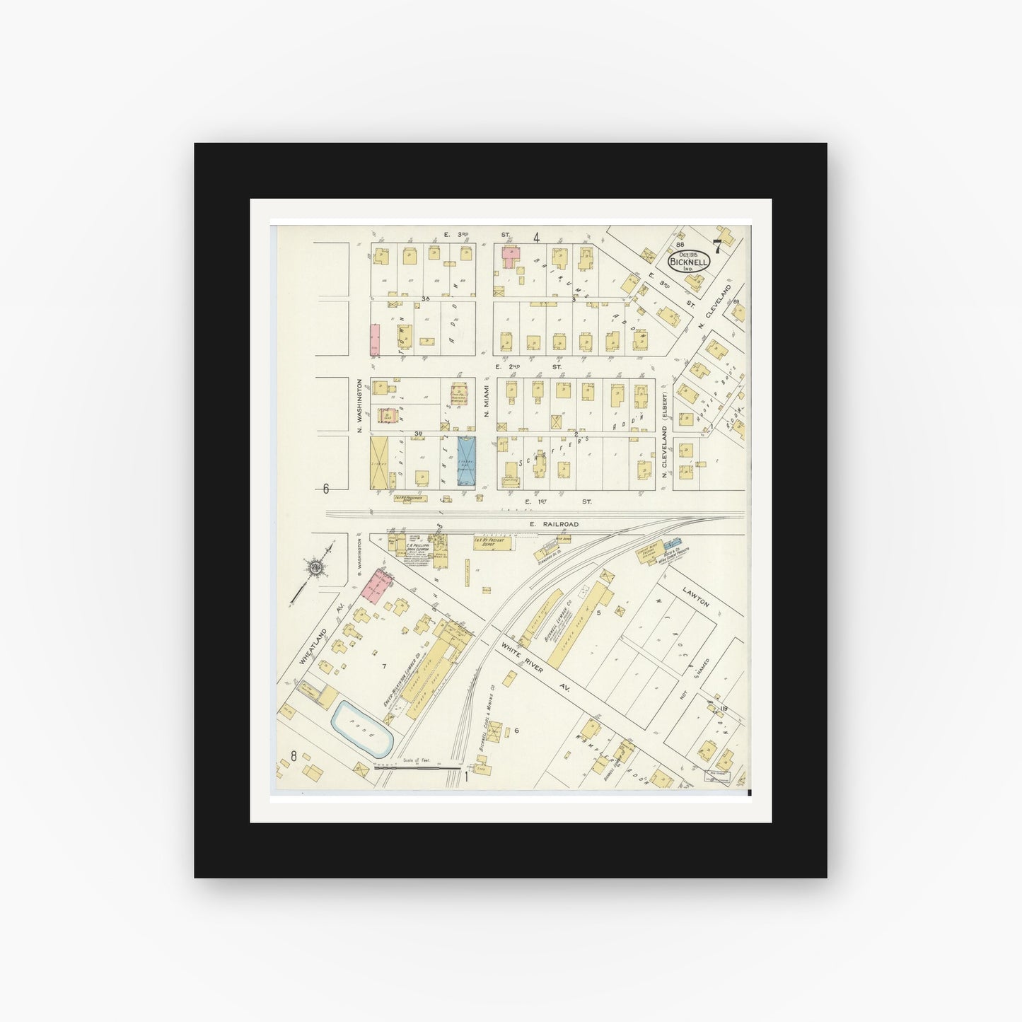 Old map wall art mockup — black gallery frame with white mat — Sanborn Fire Insurance Map from Bicknell, Knox County, Indiana (1915), Sheet #0007