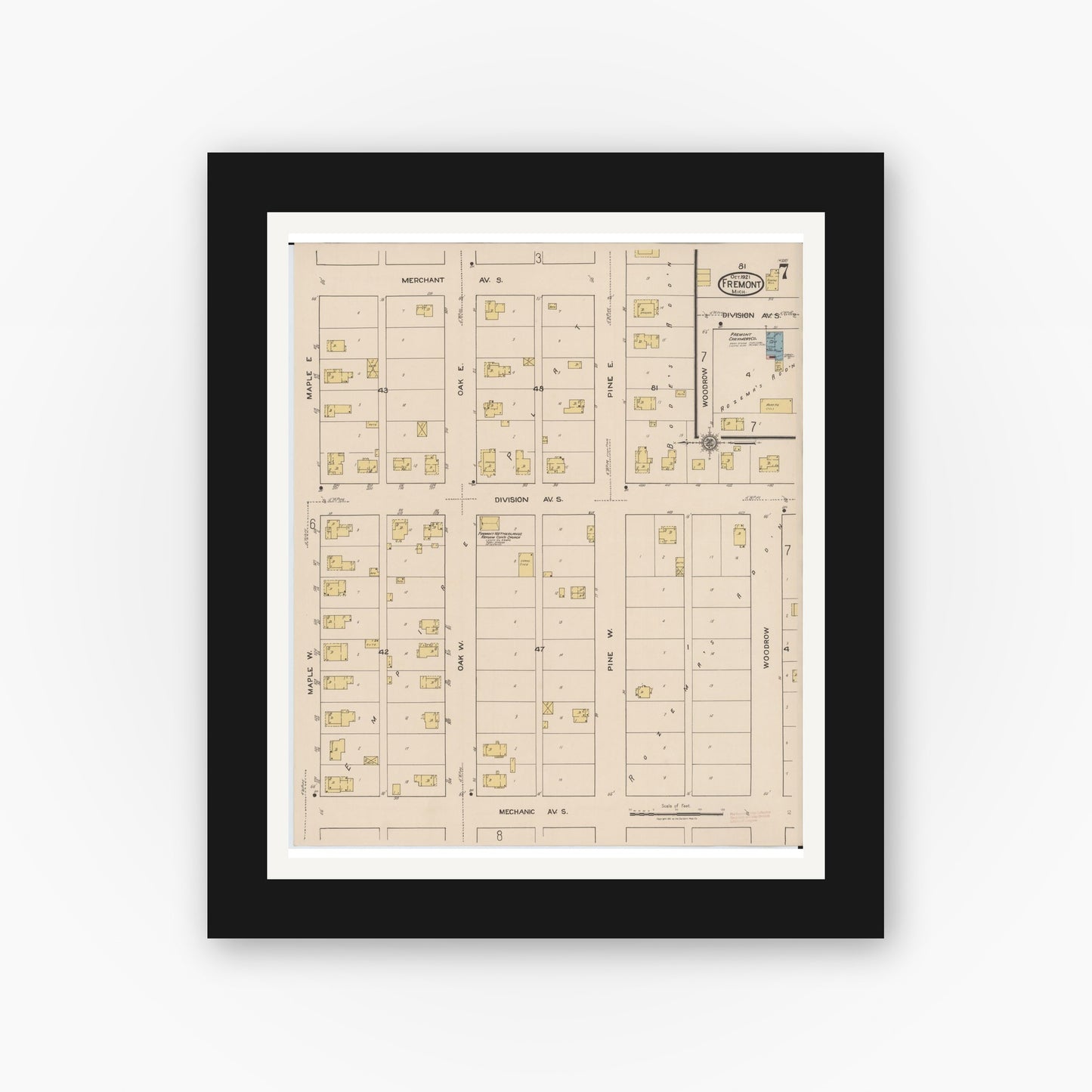 Old map wall art mockup — black gallery frame with white mat — Sanborn Fire Insurance Map from Fremont, Newaygo County, Michigan (1921), Sheet #0007