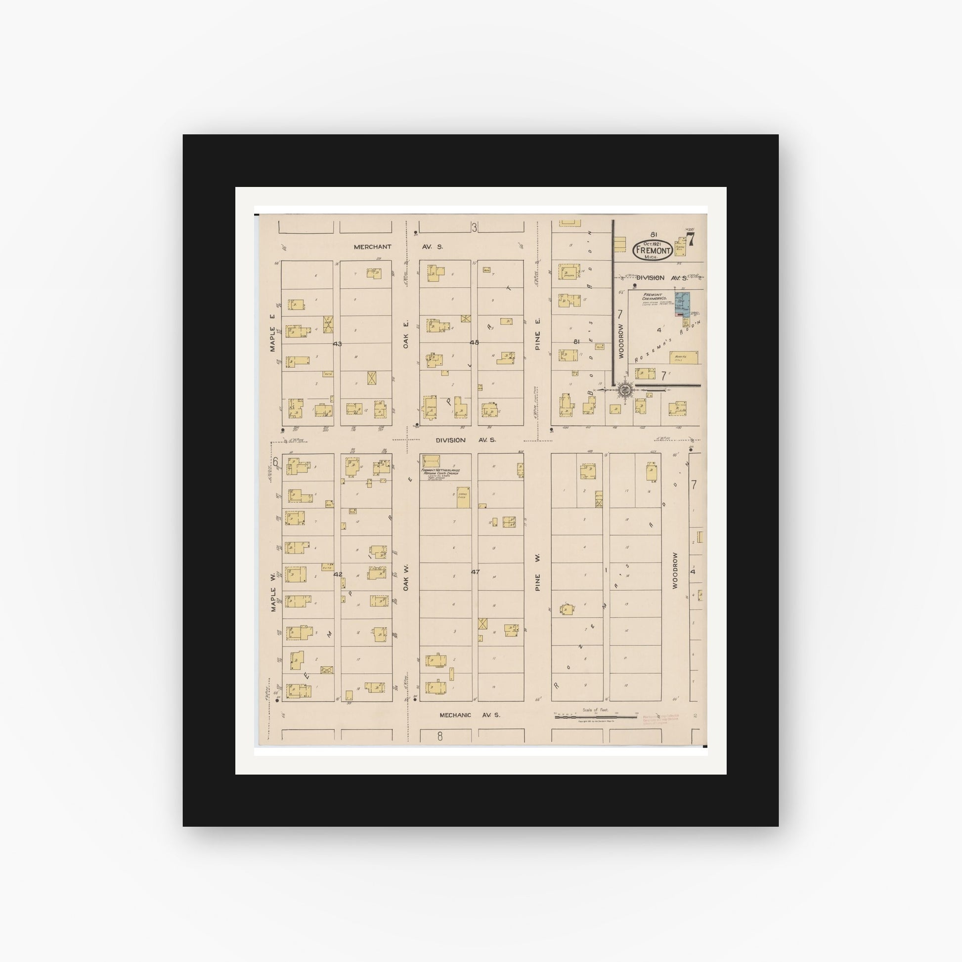 Old map wall art mockup — black gallery frame with white mat — Sanborn Fire Insurance Map from Fremont, Newaygo County, Michigan (1921), Sheet #0007