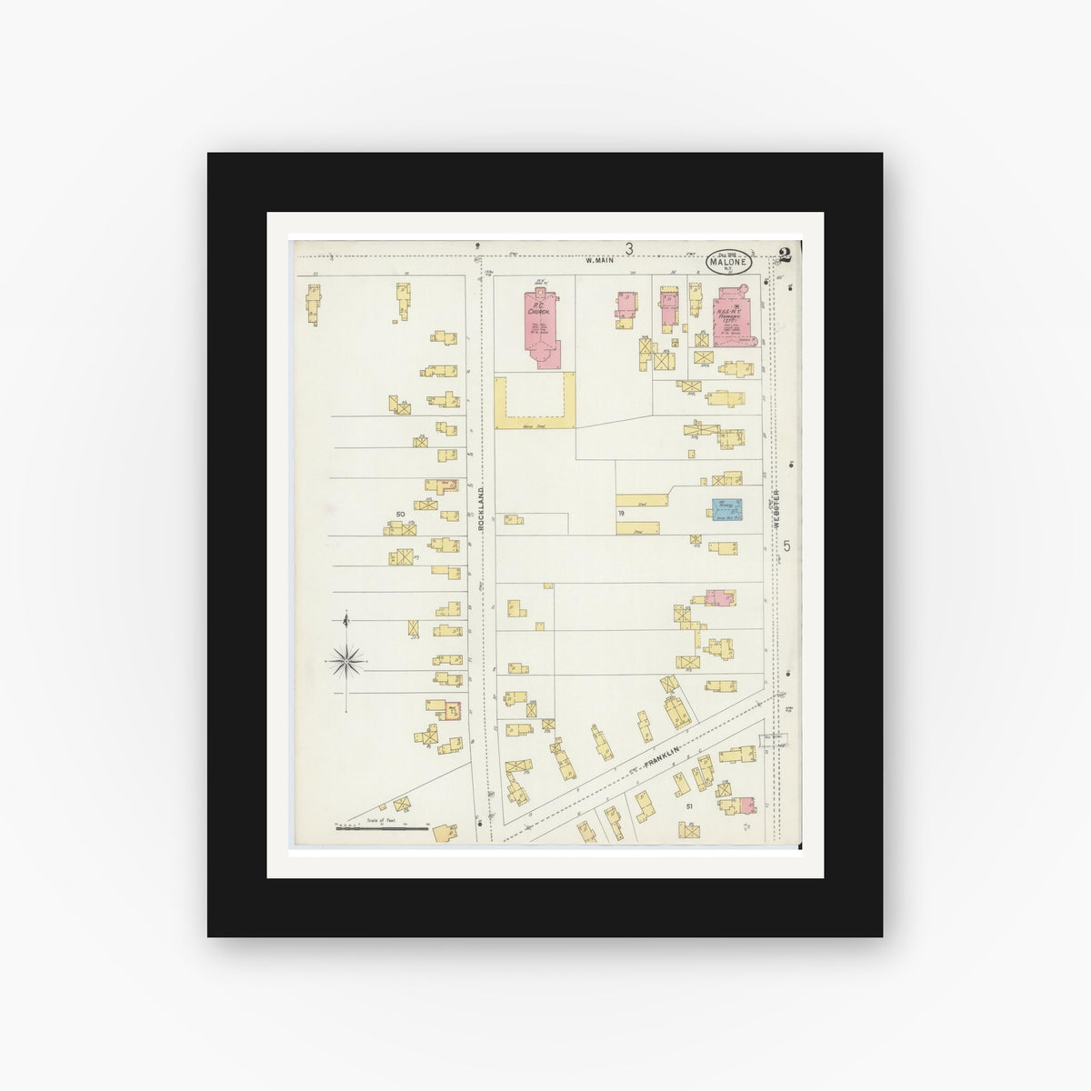 Old map wall art mockup — black gallery frame with white mat — Sanborn Fire Insurance Map from Malone, Franklin County, New York (1898), Sheet #0002