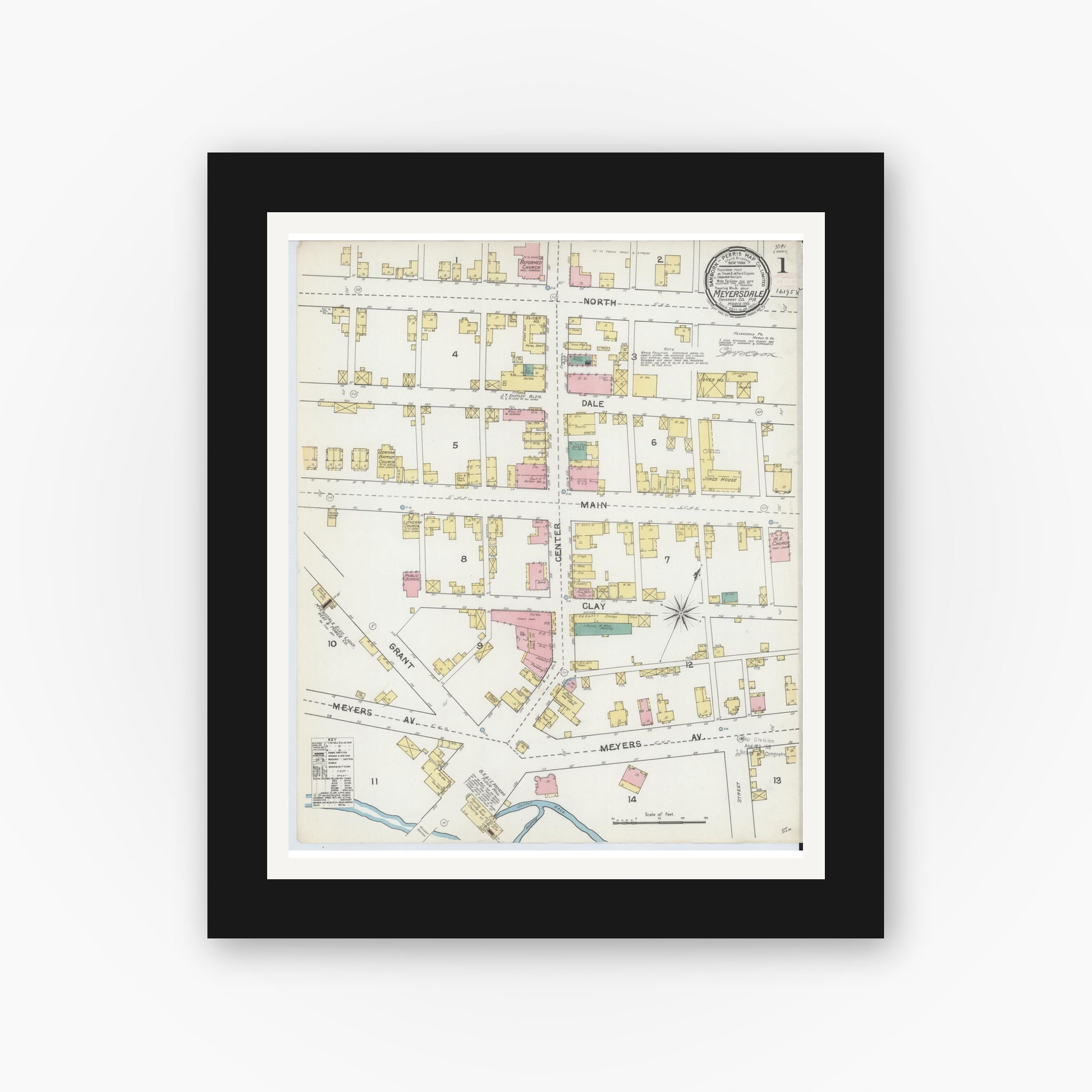 Old map wall art mockup — black gallery frame with white mat — Sanborn Fire Insurance Map from Meyersdale, Somerset County, Pennsylvania (1892) - Complete Map Set