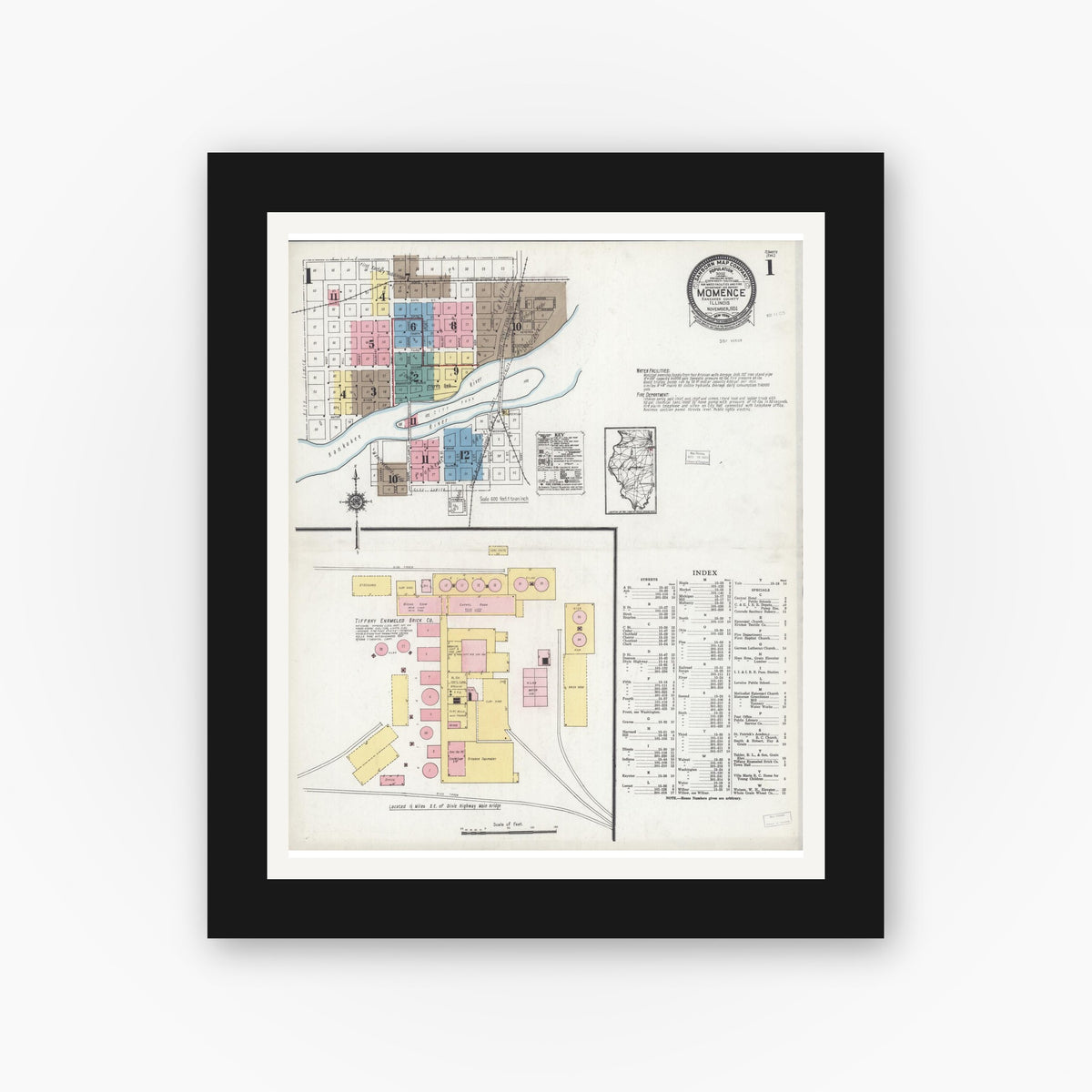 Old map wall art mockup — black gallery frame with white mat — Sanborn Fire Insurance Map from Momence, Kankakee County, Illinois (1924), Sheet #0001
