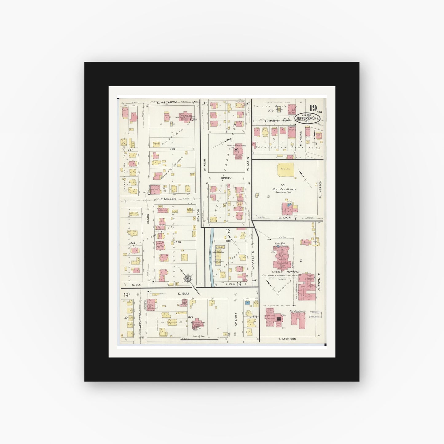 Old map wall art mockup — black gallery frame with white mat — Sanborn Fire Insurance Map from Jefferson City, Cole County, Missouri (1916), Sheet #0019