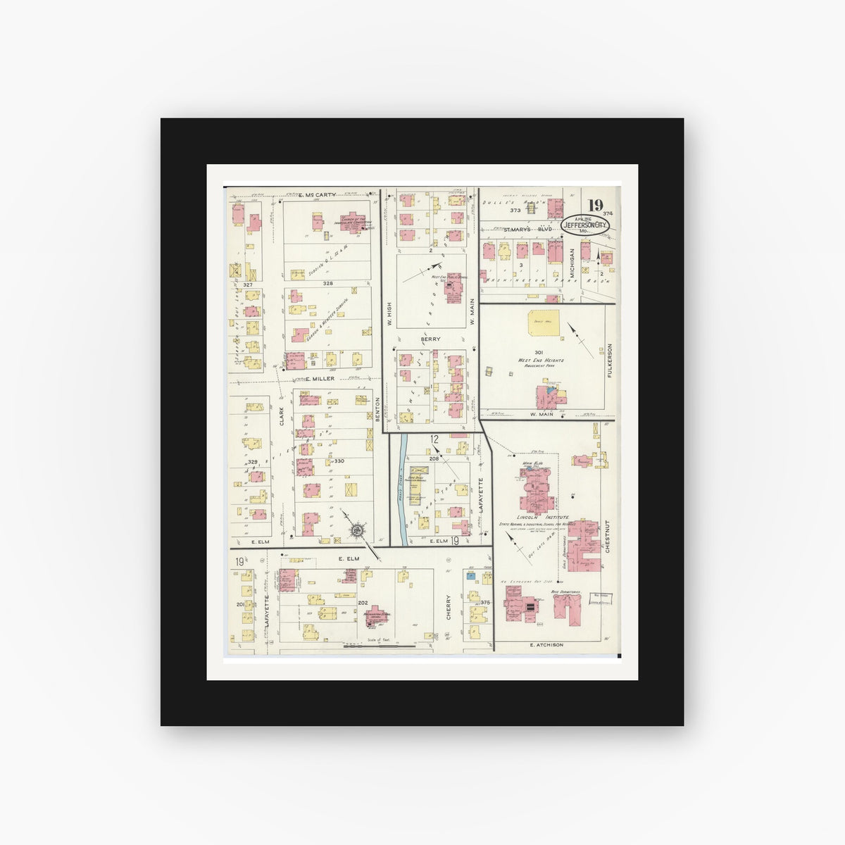 Old map wall art mockup — black gallery frame with white mat — Sanborn Fire Insurance Map from Jefferson City, Cole County, Missouri (1916), Sheet #0019