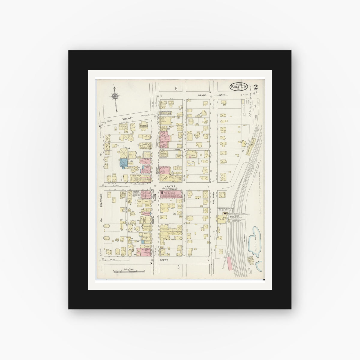 Old map wall art mockup — black gallery frame with white mat — Sanborn Fire Insurance Map from Forest City, Susquehanna County, Pennsylvania (1914), Sheet #0002
