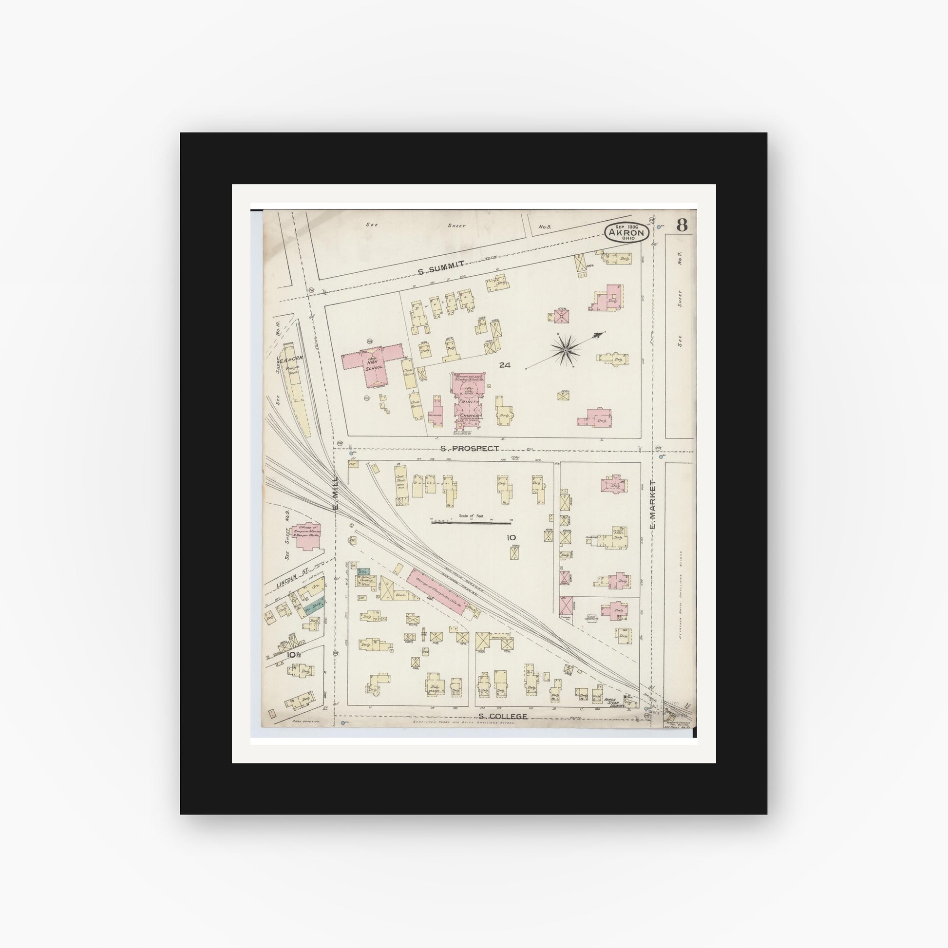 Old map wall art mockup — black gallery frame with white mat — Sanborn Fire Insurance Map from Akron, Summit County, Ohio (1886), Sheet #0008