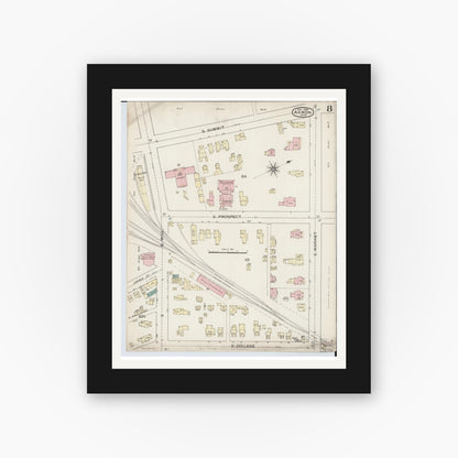 Old map wall art mockup — black gallery frame with white mat — Sanborn Fire Insurance Map from Akron, Summit County, Ohio (1886), Sheet #0008