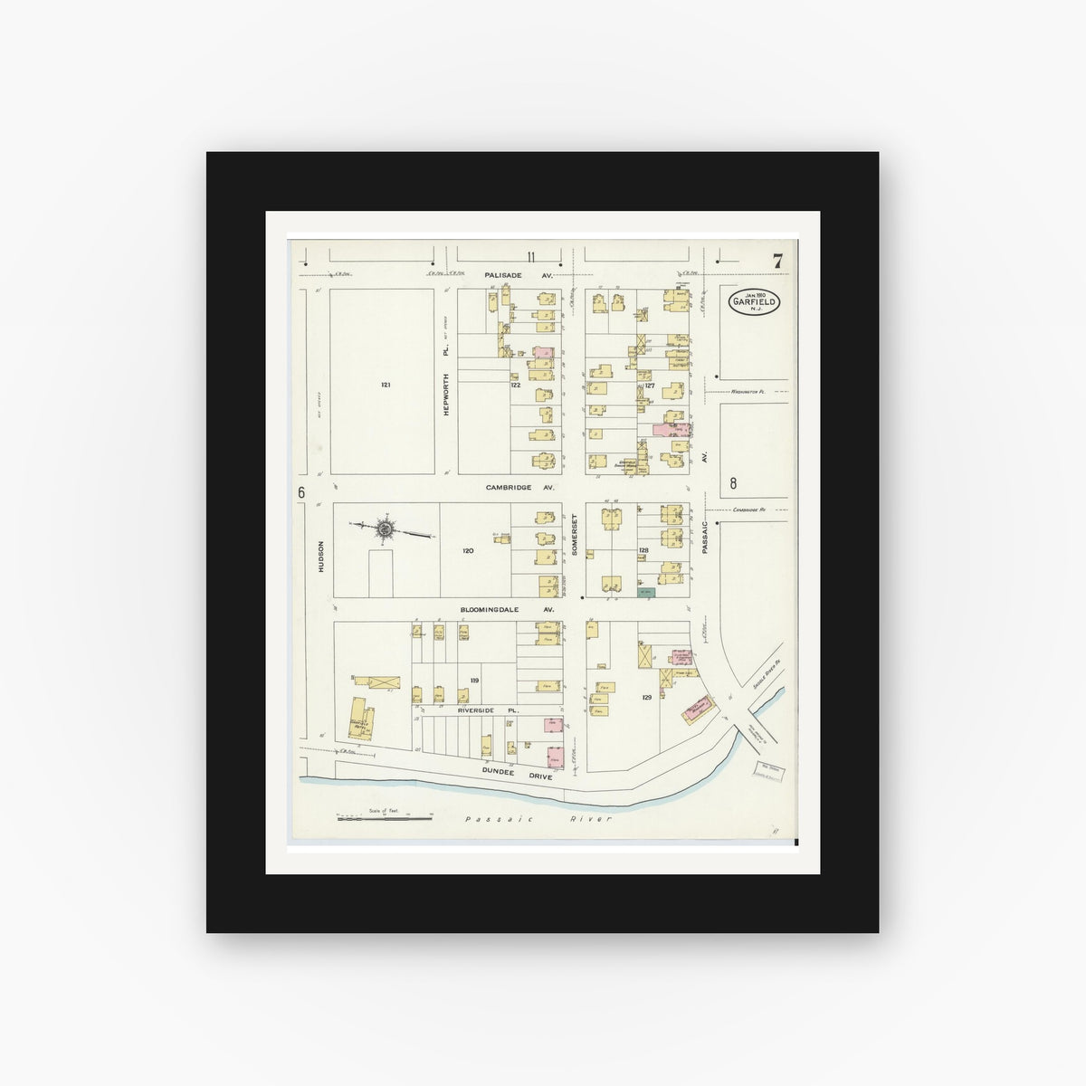 Old map wall art mockup — black gallery frame with white mat — Sanborn Fire Insurance Map from Garfield, Bergen County, New Jersey (1910), Sheet #0007