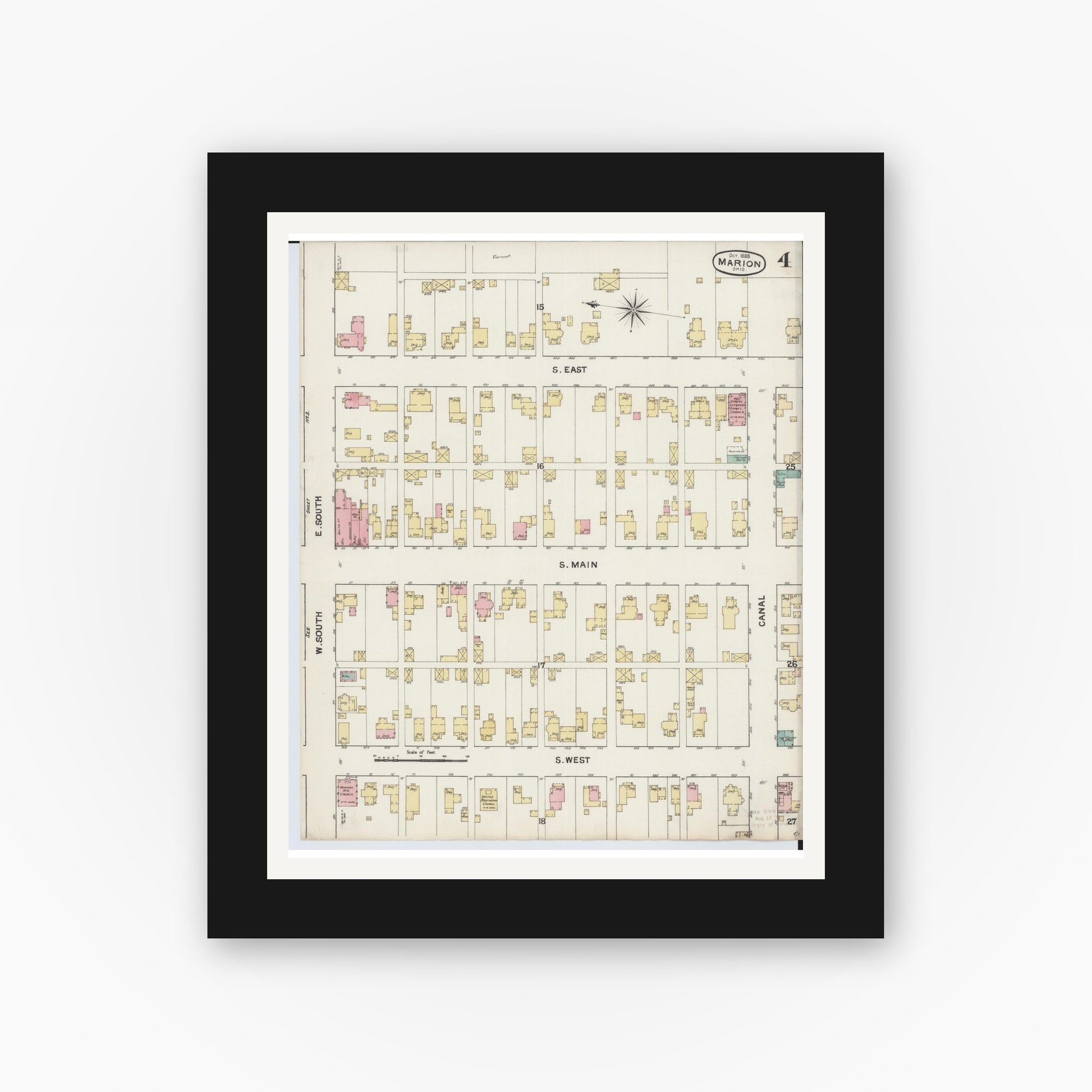 Old map wall art mockup — black gallery frame with white mat — Sanborn Fire Insurance Map from Marion, Marion County, Ohio (1888), Sheet #0004