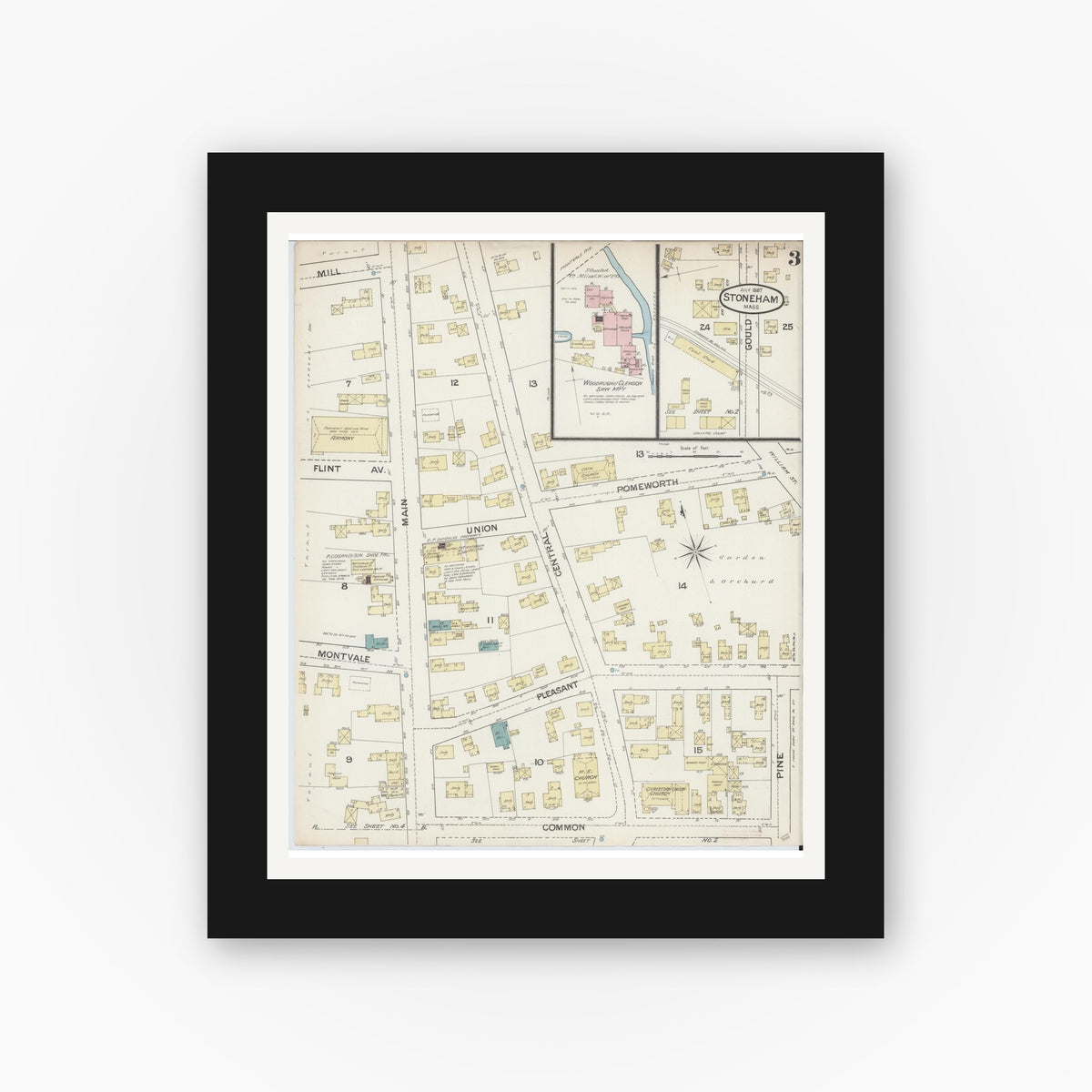 Old map wall art mockup — black gallery frame with white mat — Sanborn Fire Insurance Map from Stoneham, Middlesex County, Massachusetts (1887), Sheet #0003