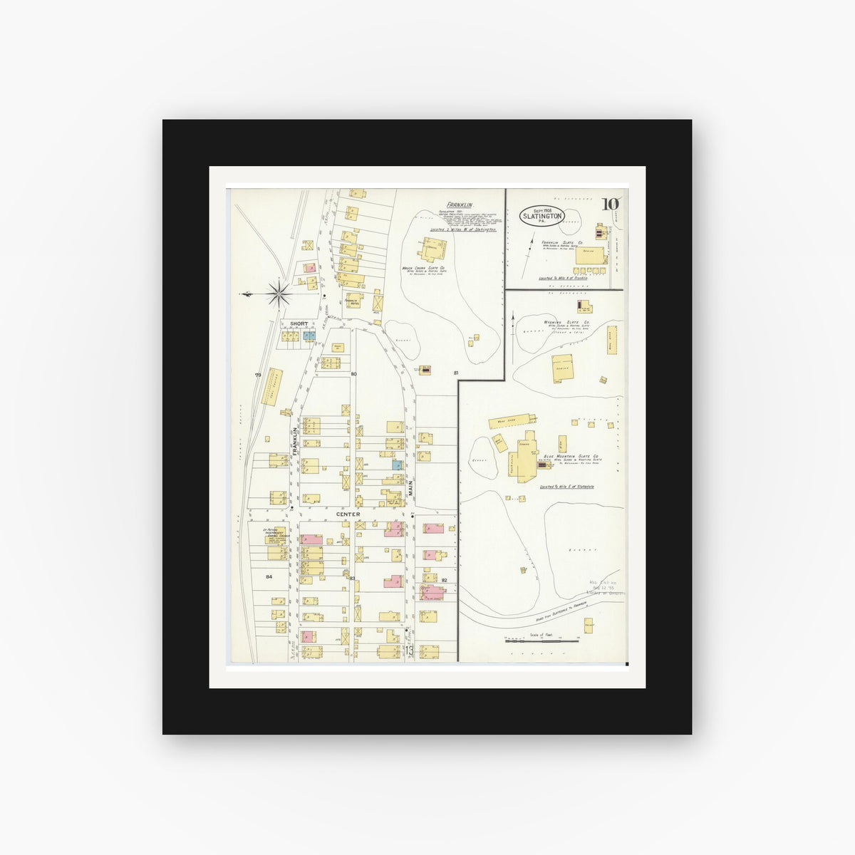 Old map wall art mockup — black gallery frame with white mat — Sanborn Fire Insurance Map from Slatington, Lehigh County, Pennsylvania (1908), Sheet #0010