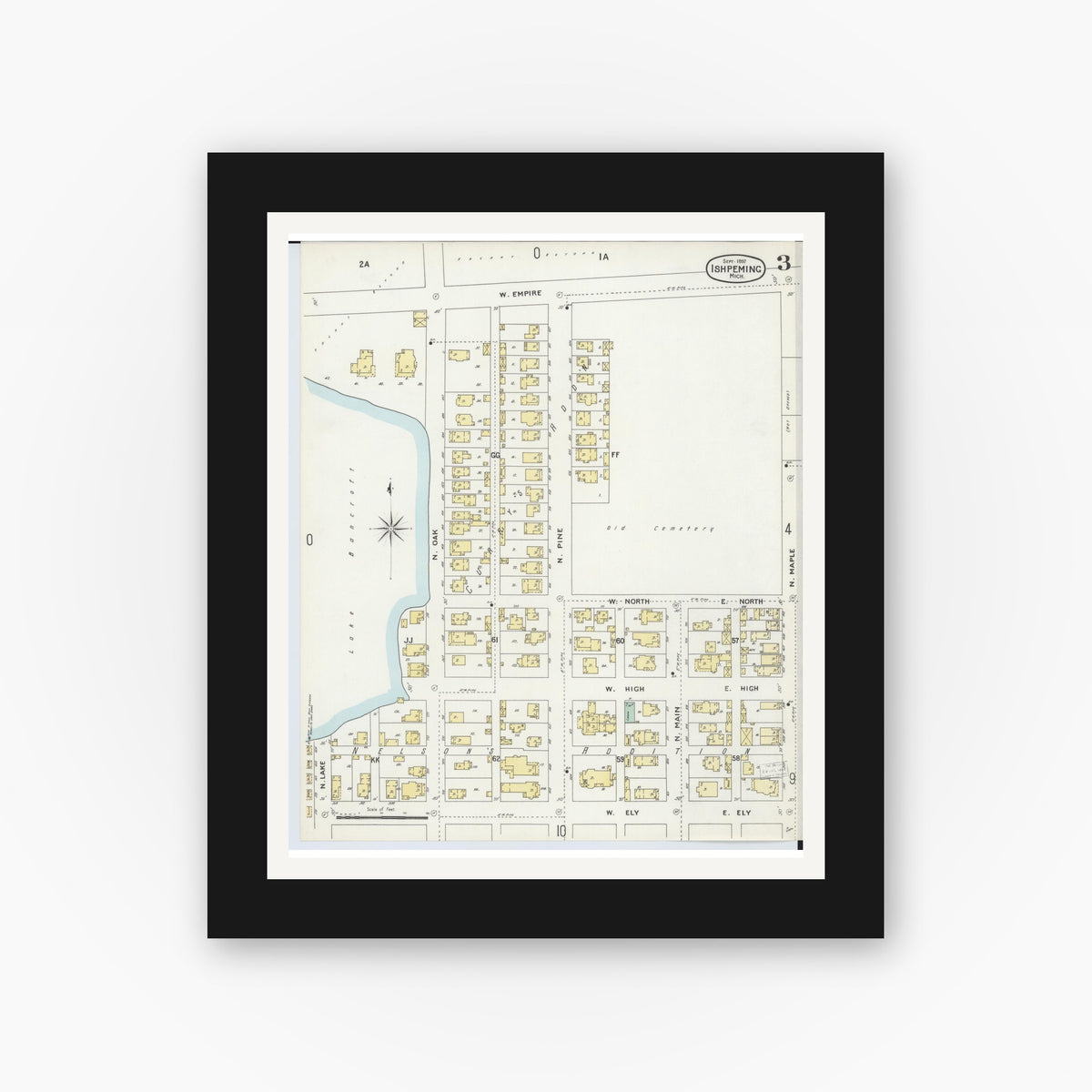 Old map wall art mockup — black gallery frame with white mat — Sanborn Fire Insurance Map from Ishpeming, Marquette County, Michigan (1897), Sheet #0003