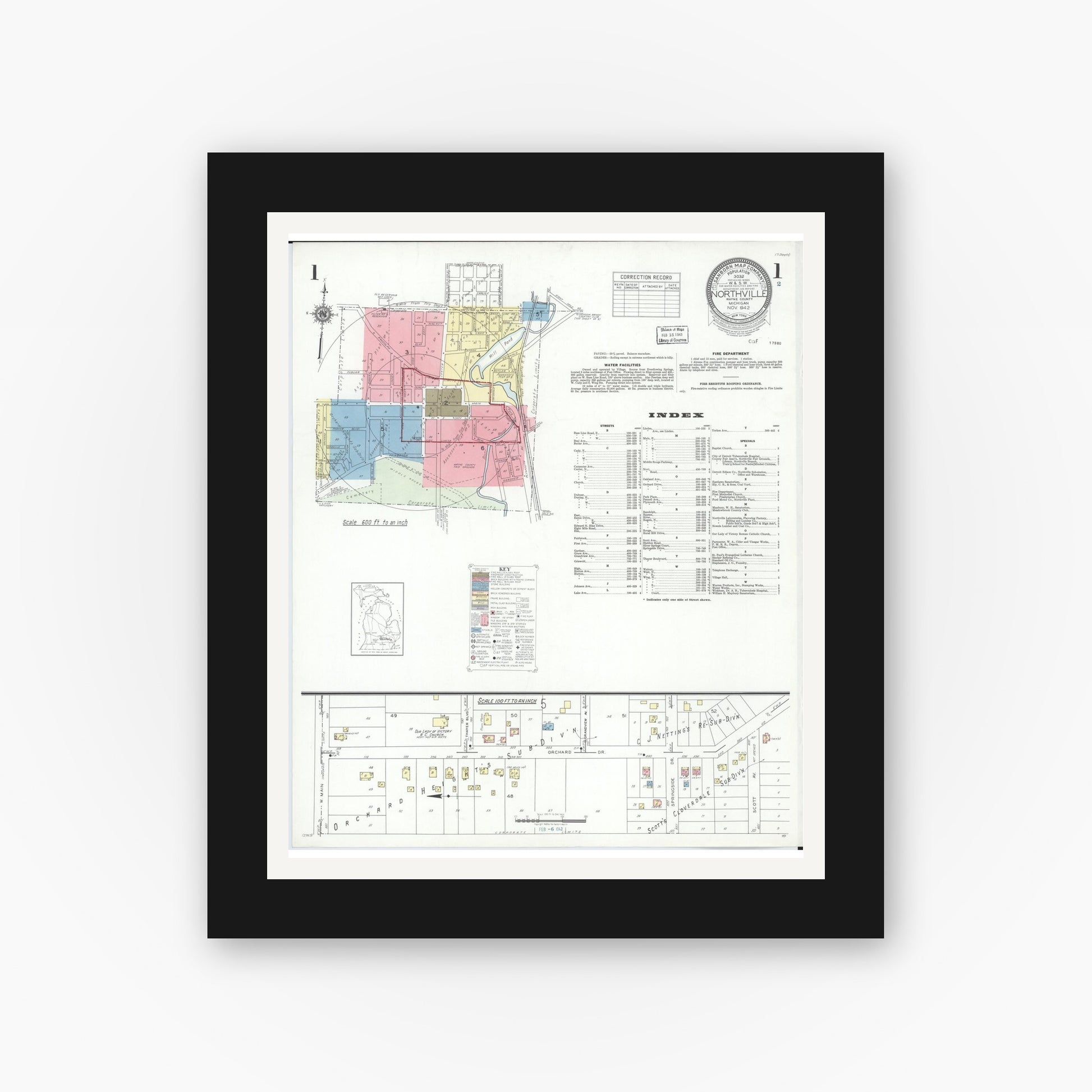 Old map wall art mockup — black gallery frame with white mat — Sanborn Fire Insurance Map from Northville, Wayne County, Michigan (1942) - Complete Map Set