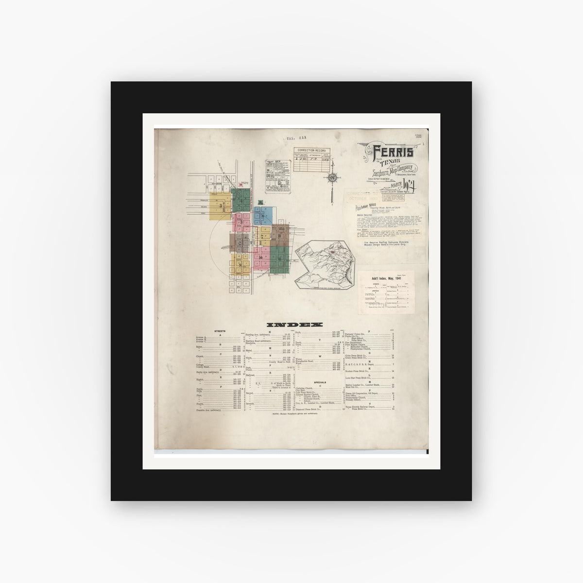 Old map wall art mockup — black gallery frame with white mat — Sanborn Fire Insurance Map from Ferris, Ellis County, Texas (1941) - Complete Map Set