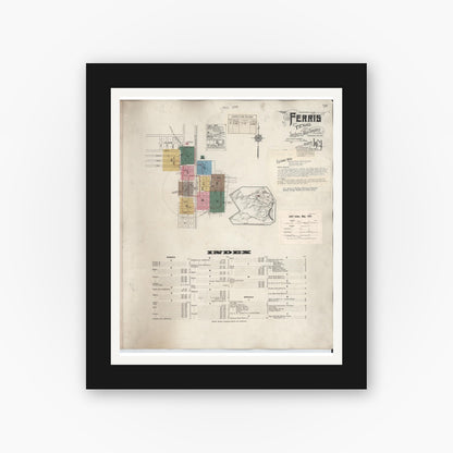 Old map wall art mockup — black gallery frame with white mat — Sanborn Fire Insurance Map from Ferris, Ellis County, Texas (1941) - Complete Map Set