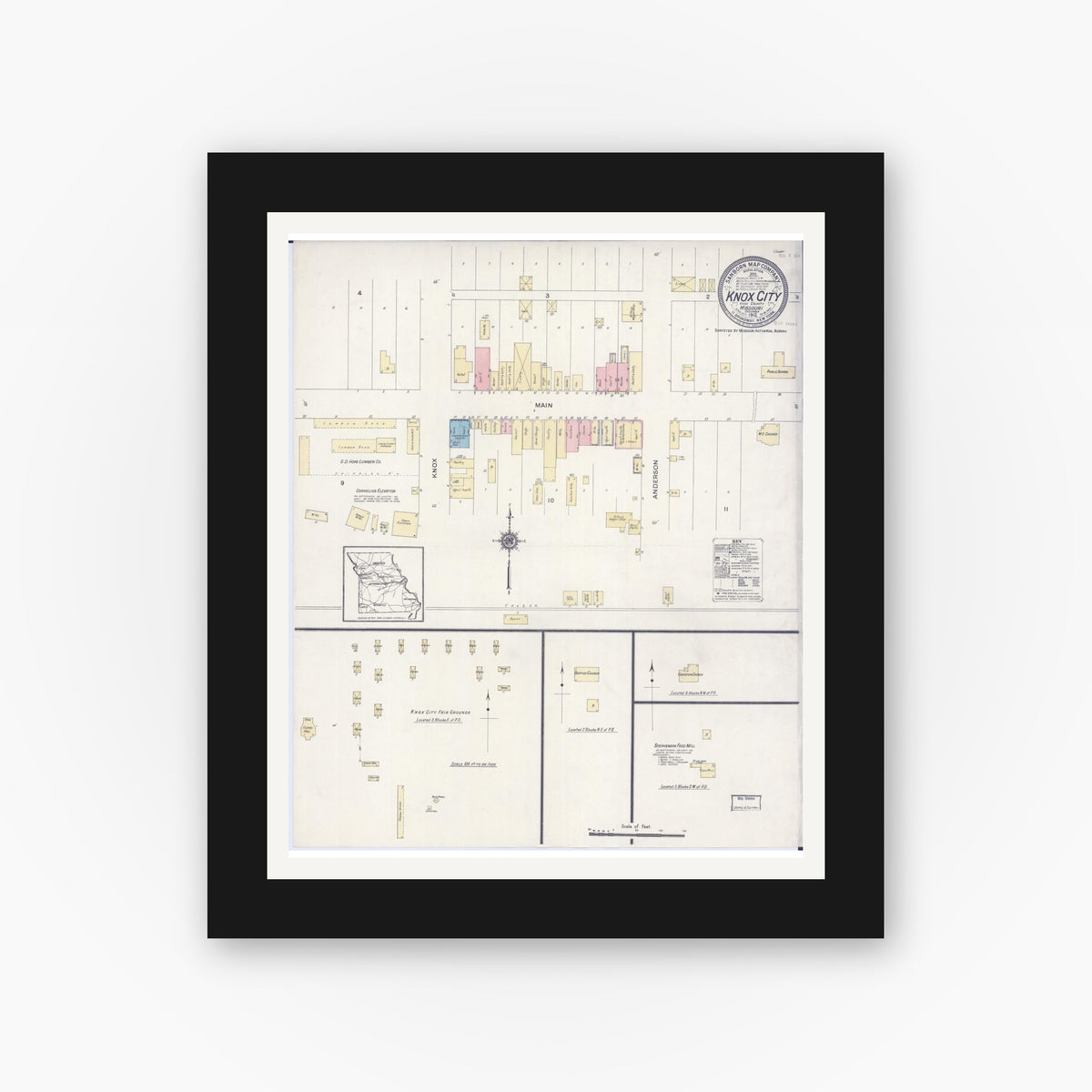 Old map wall art mockup — black gallery frame with white mat — Sanborn Fire Insurance Map from Knox City, Knox County, Missouri (1912), Sheet #0001