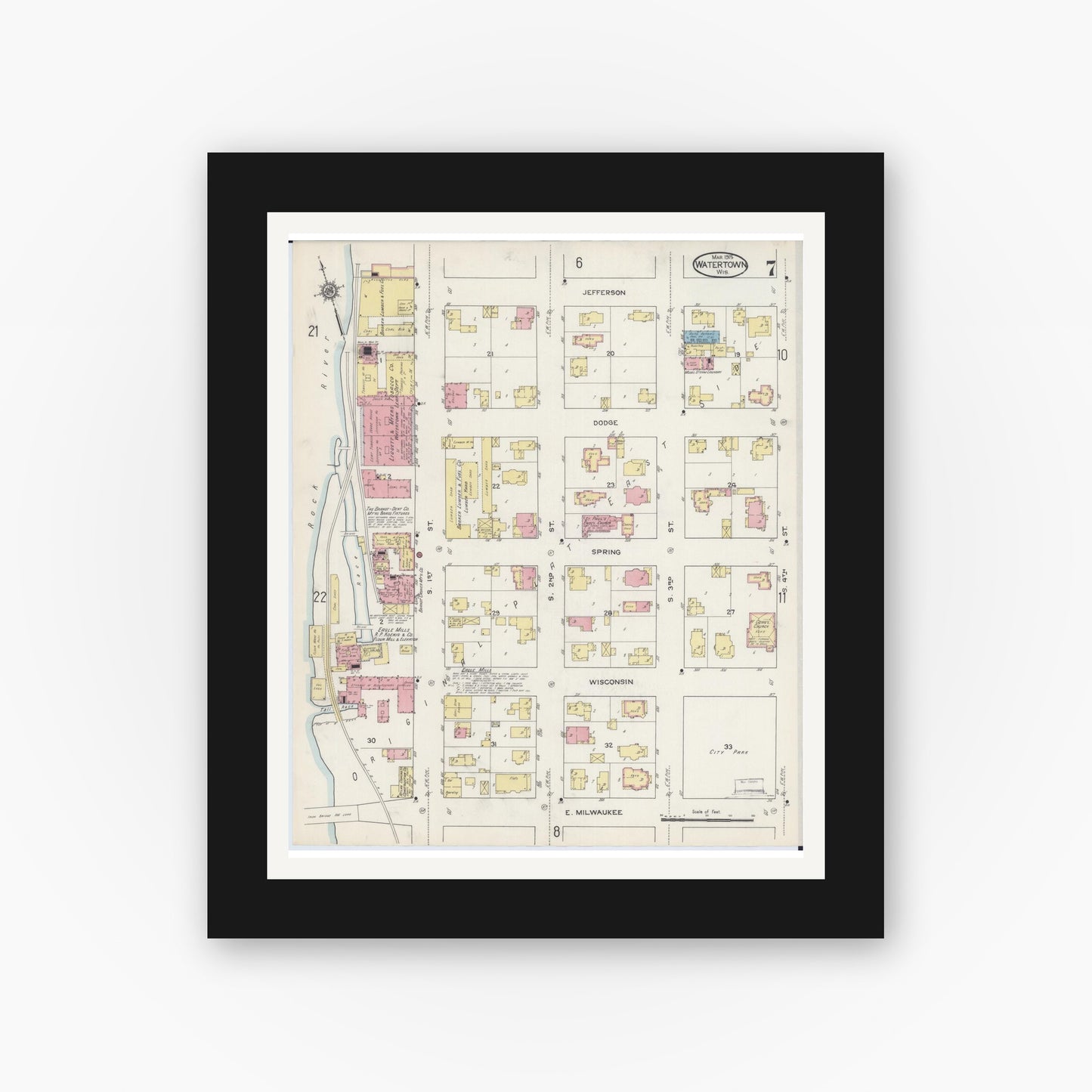 Old map wall art mockup — black gallery frame with white mat — Sanborn Fire Insurance Map from Watertown, Jefferson County, Wisconsin (1915), Sheet #0008