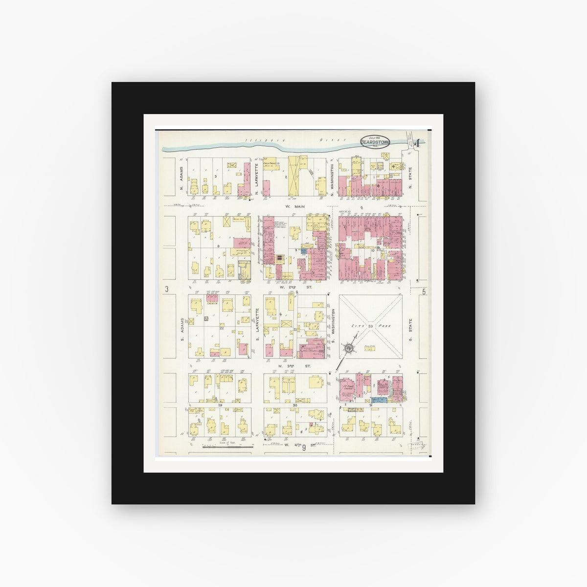 Old map wall art mockup — black gallery frame with white mat — Sanborn Fire Insurance Map from Beardstown, Cass County, Illinois (1913), Sheet #0004