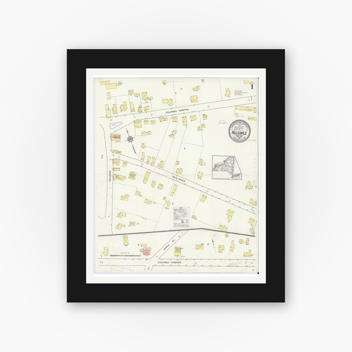 Old map wall art mockup — black gallery frame with white mat — Sanborn Fire Insurance Map from Hillsdale, Columbia County, New York (1912) - Complete Map Set
