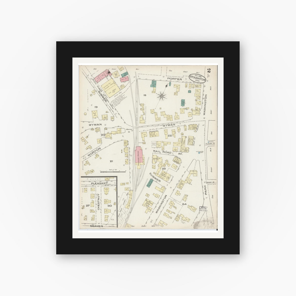 Old map wall art mockup — black gallery frame with white mat — Sanborn Fire Insurance Map from Stoughton, Norfolk County, Massachusetts (1885), Sheet #0002