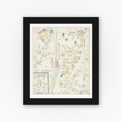 Old map wall art mockup — black gallery frame with white mat — Sanborn Fire Insurance Map from Stoughton, Norfolk County, Massachusetts (1885), Sheet #0002