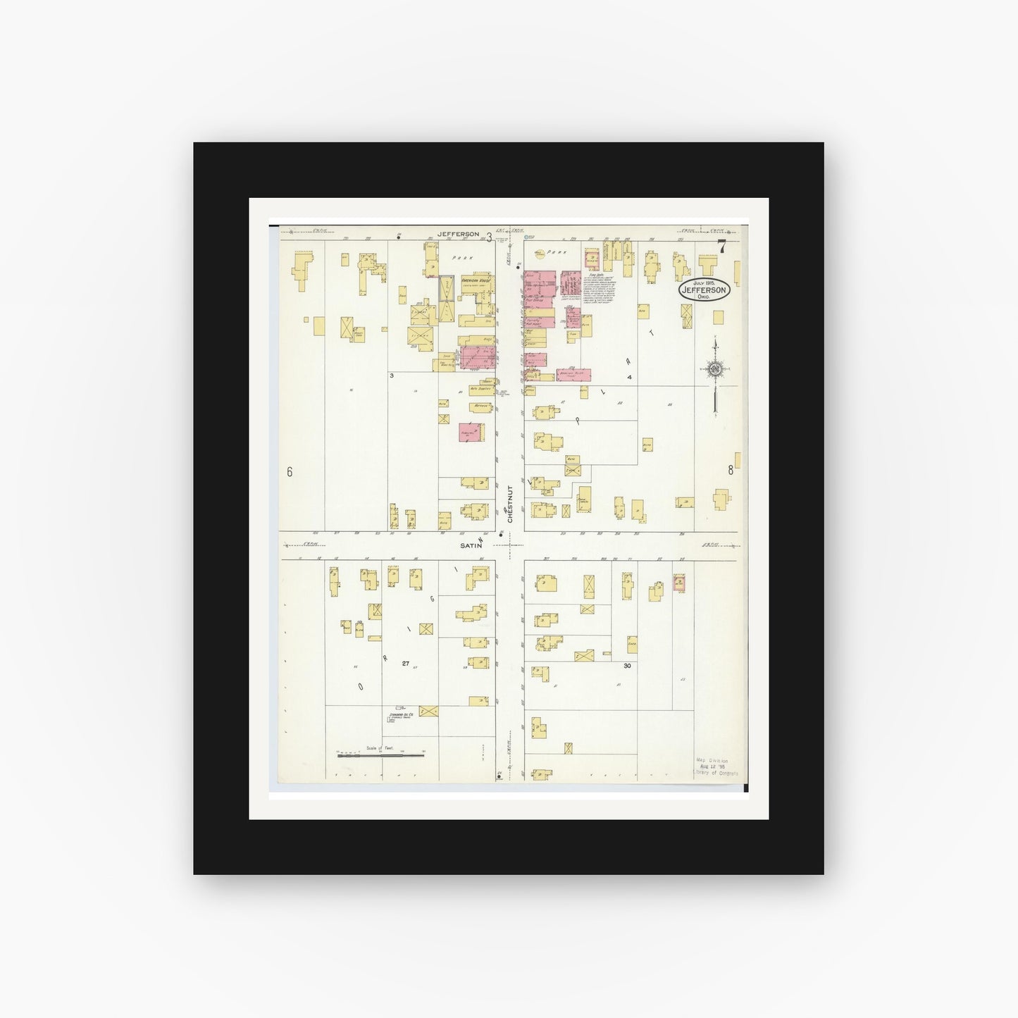 Old map wall art mockup — black gallery frame with white mat — Sanborn Fire Insurance Map from Jefferson, Ashtabula County, Ohio (1915), Sheet #0007