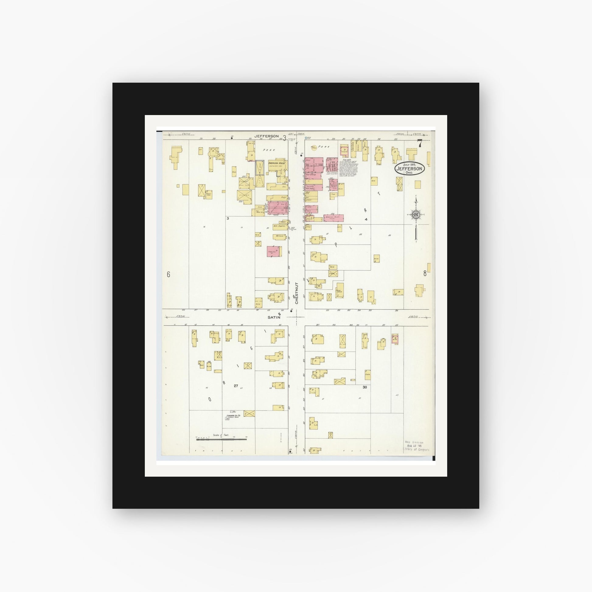 Old map wall art mockup — black gallery frame with white mat — Sanborn Fire Insurance Map from Jefferson, Ashtabula County, Ohio (1915), Sheet #0007