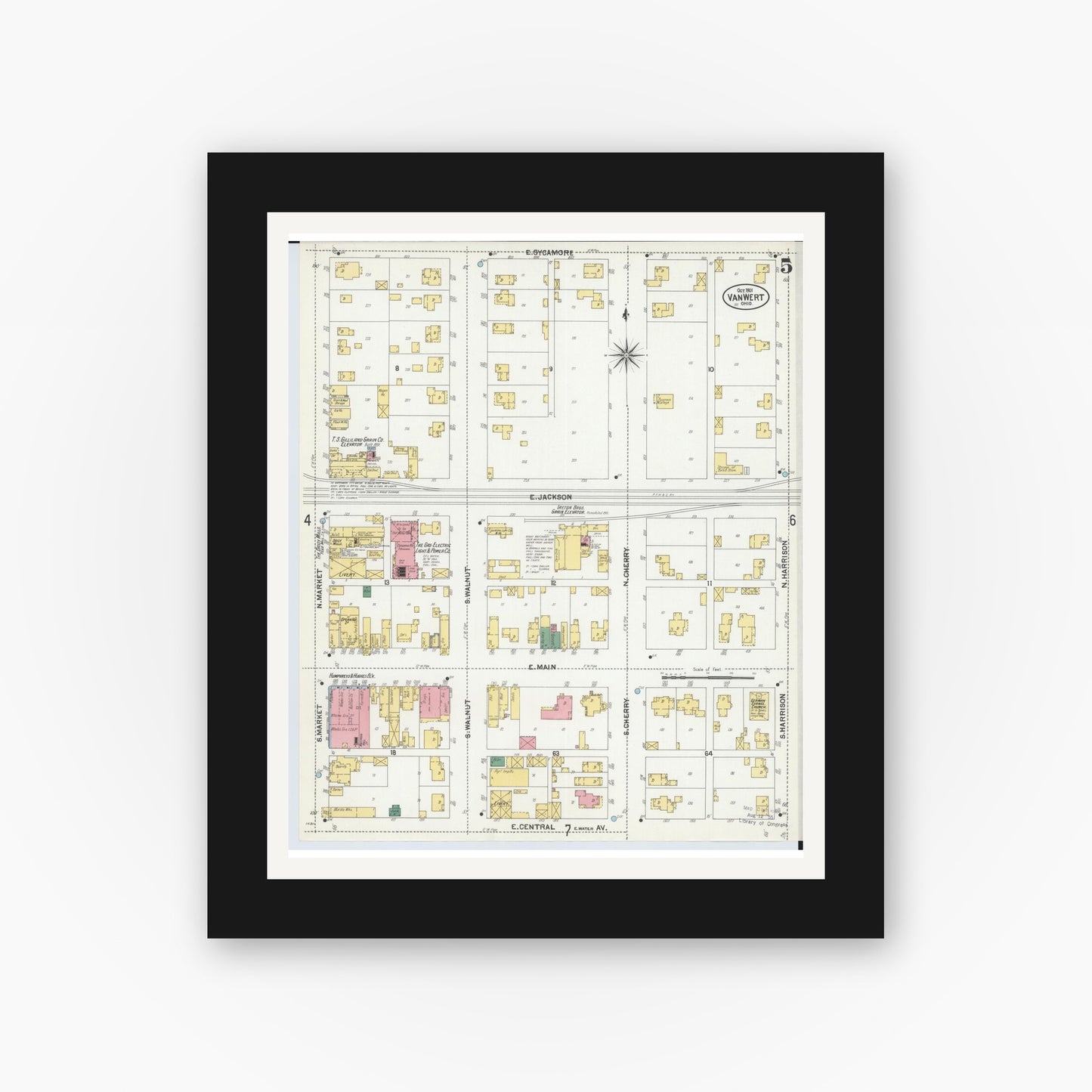 Old map wall art mockup — black gallery frame with white mat — Sanborn Fire Insurance Map from Van Wert, Van Wert County, Ohio (1901), Sheet #0005