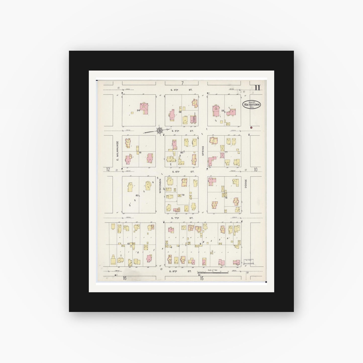 Old map wall art mockup — black gallery frame with white mat — Sanborn Fire Insurance Map from Watertown, Jefferson County, Wisconsin (1915), Sheet #0012