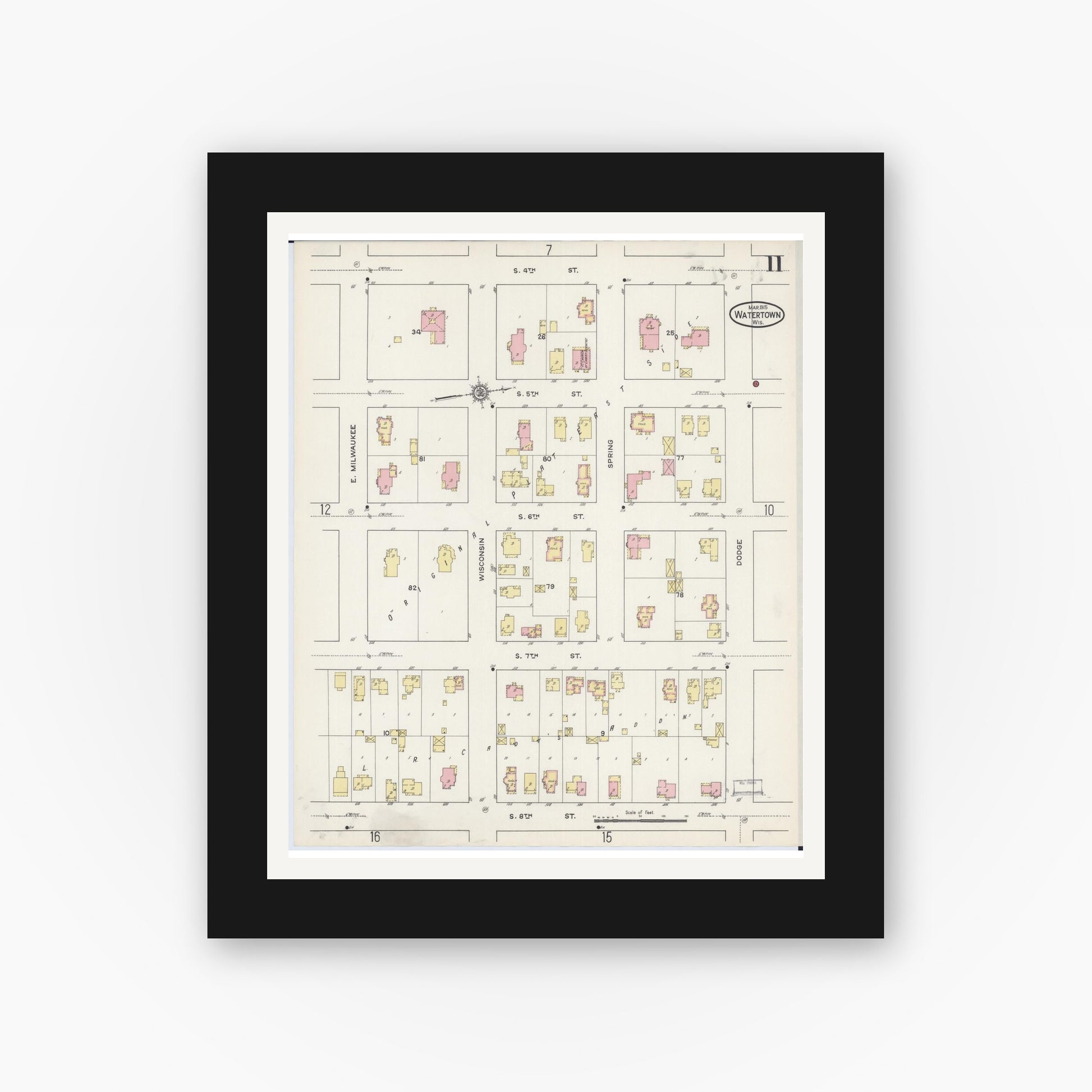 Old map wall art mockup — black gallery frame with white mat — Sanborn Fire Insurance Map from Watertown, Jefferson County, Wisconsin (1915), Sheet #0012