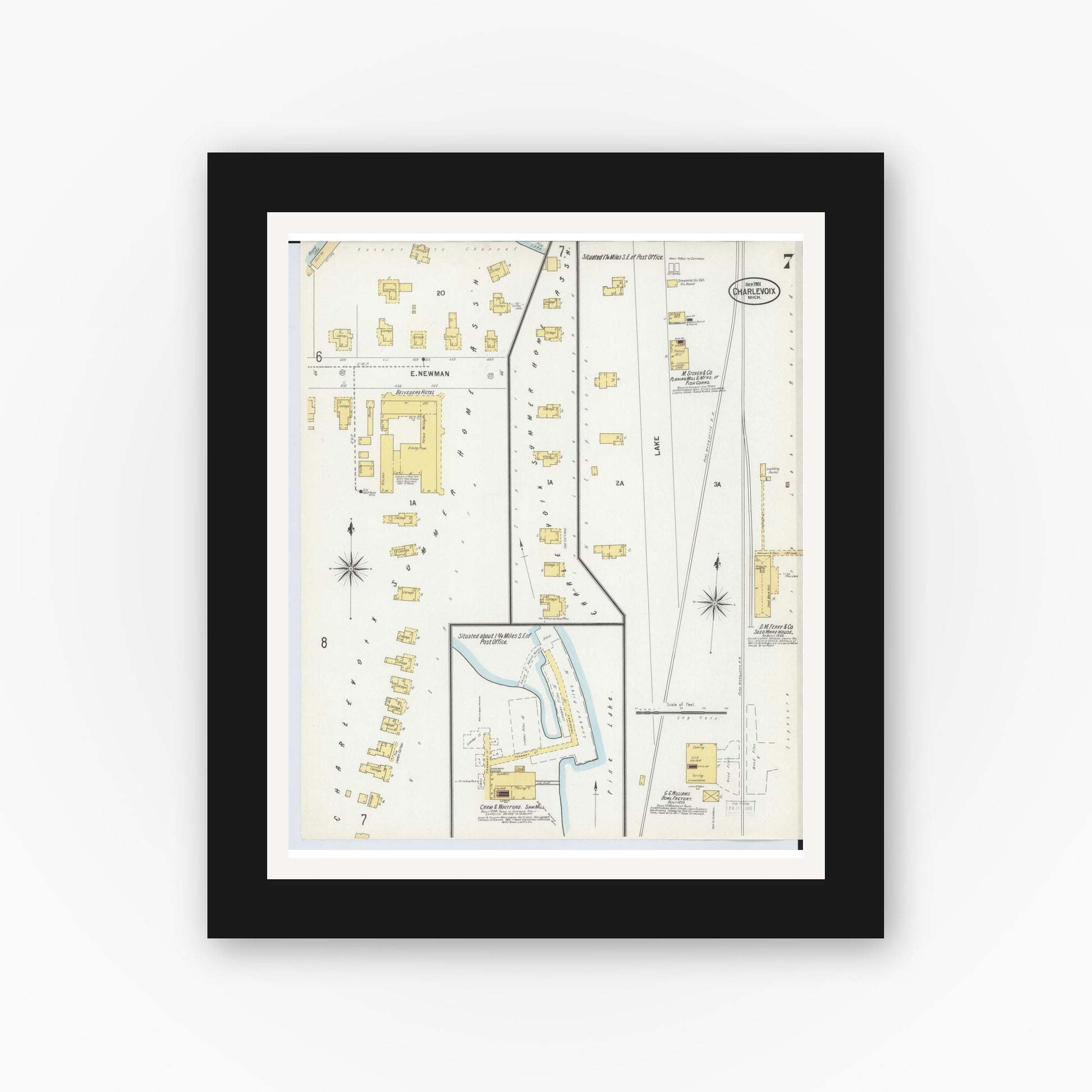 Old map wall art mockup — black gallery frame with white mat — Sanborn Fire Insurance Map from Charlevoix, Charlevoix County, Michigan (1901), Sheet #0007