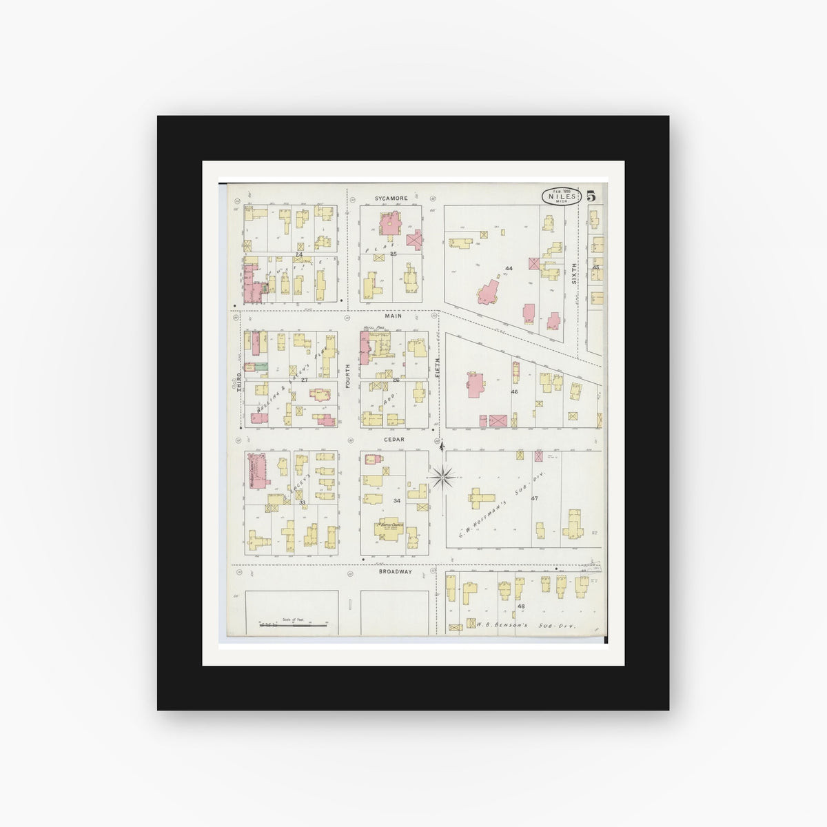 Old map wall art mockup — black gallery frame with white mat — Sanborn Fire Insurance Map from Niles, Berrien County, Michigan (1895), Sheet #0005