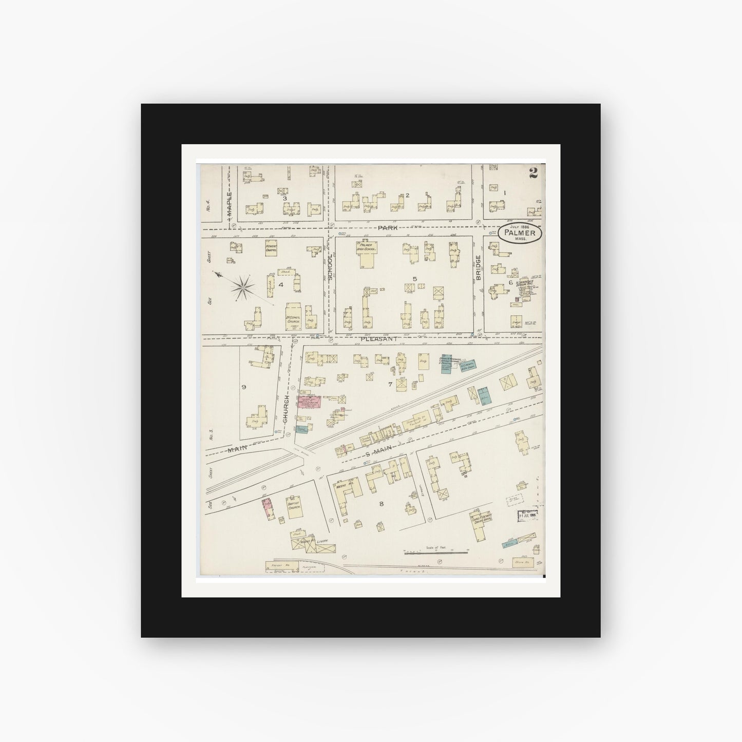 Old map wall art mockup — black gallery frame with white mat — Sanborn Fire Insurance Map from Palmer, Hampden County, Massachusetts (1886), Sheet #0002