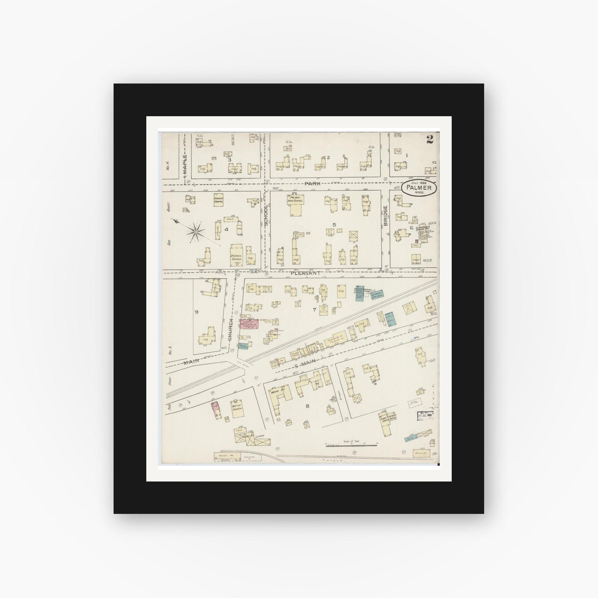 Old map wall art mockup — black gallery frame with white mat — Sanborn Fire Insurance Map from Palmer, Hampden County, Massachusetts (1886), Sheet #0002