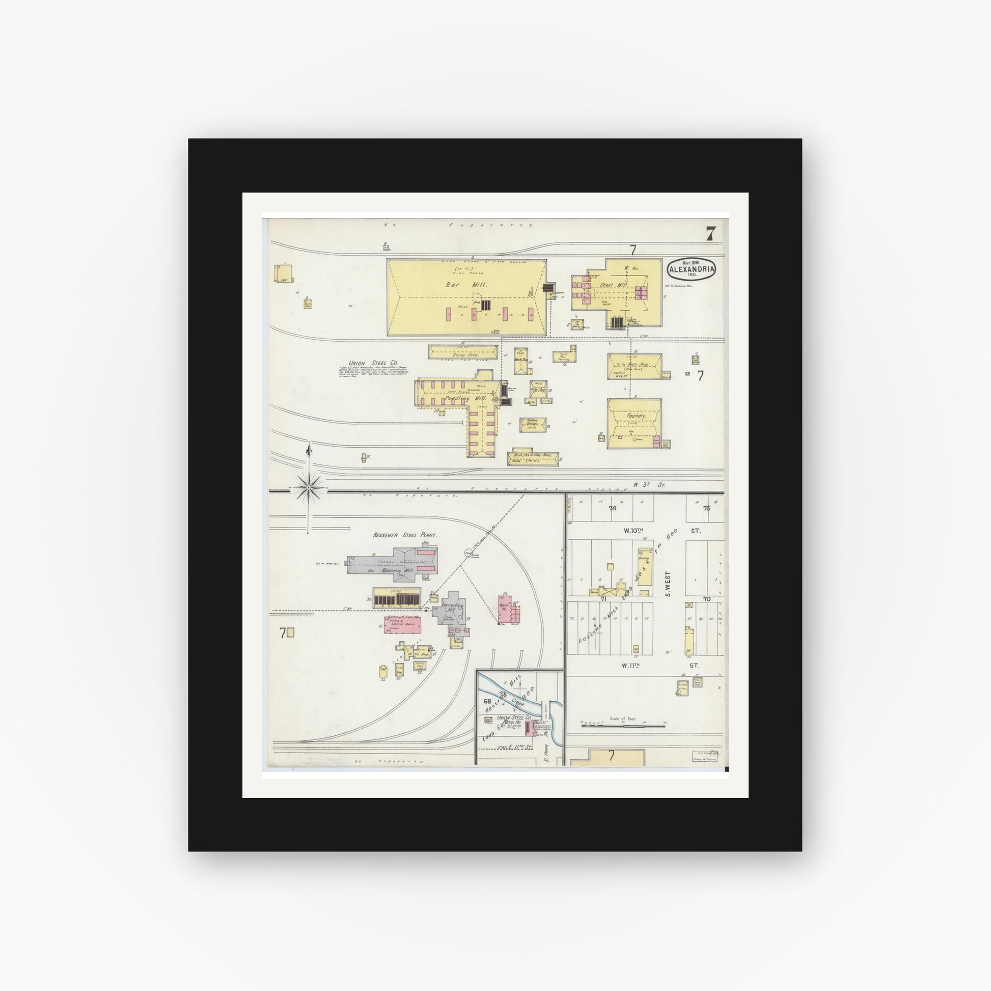 Old map wall art mockup — black gallery frame with white mat — Sanborn Fire Insurance Map from Alexandria, Madison County, Indiana (1896), Sheet #0007