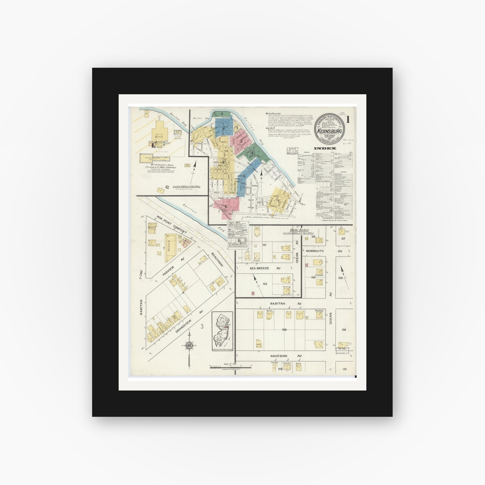 Old map wall art mockup — black gallery frame with white mat — Sanborn Fire Insurance Map from Keansburg, Monmouth County, New Jersey (1917), Sheet #0001