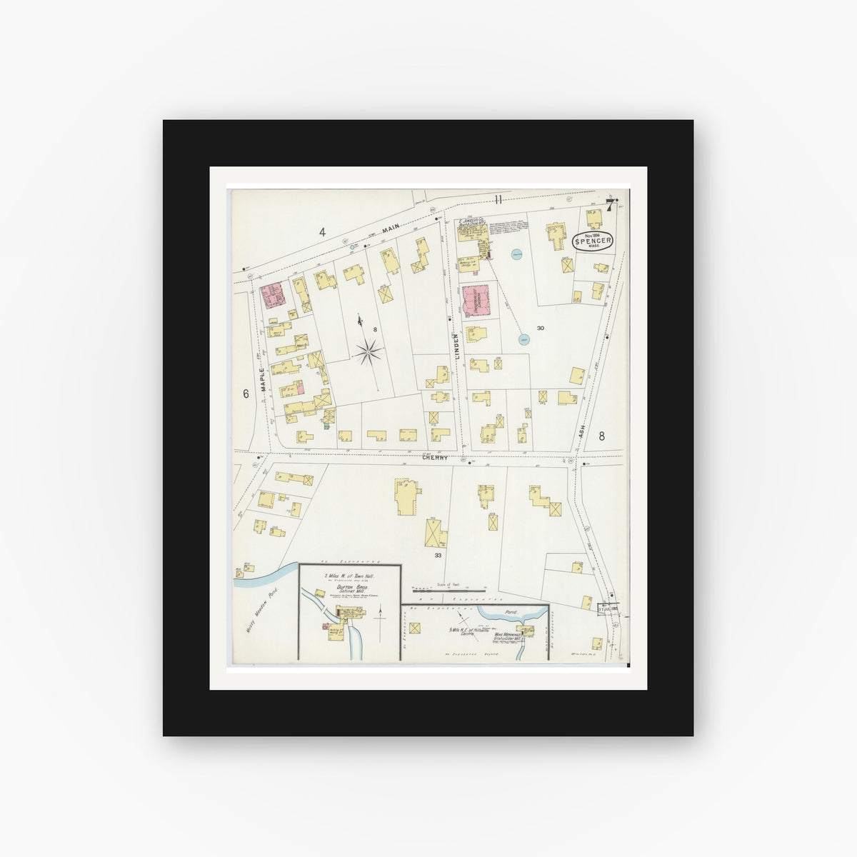 Old map wall art mockup — black gallery frame with white mat — Sanborn Fire Insurance Map from Spencer, Worcester County, Massachusetts (1896), Sheet #0007