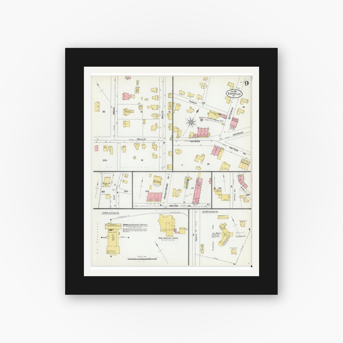 Old map wall art mockup — black gallery frame with white mat — Sanborn Fire Insurance Map from Asheville, Buncombe County, North Carolina (1901), Sheet #0009