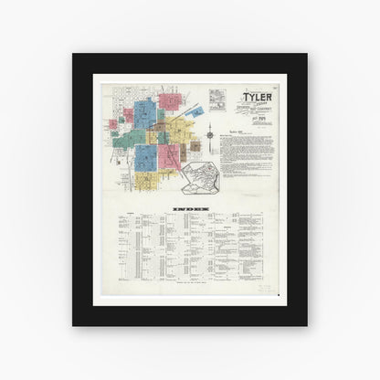 Old map wall art mockup — black gallery frame with white mat — Sanborn Fire Insurance Map from Tyler, Smith County, Texas (1919), Sheet #0001