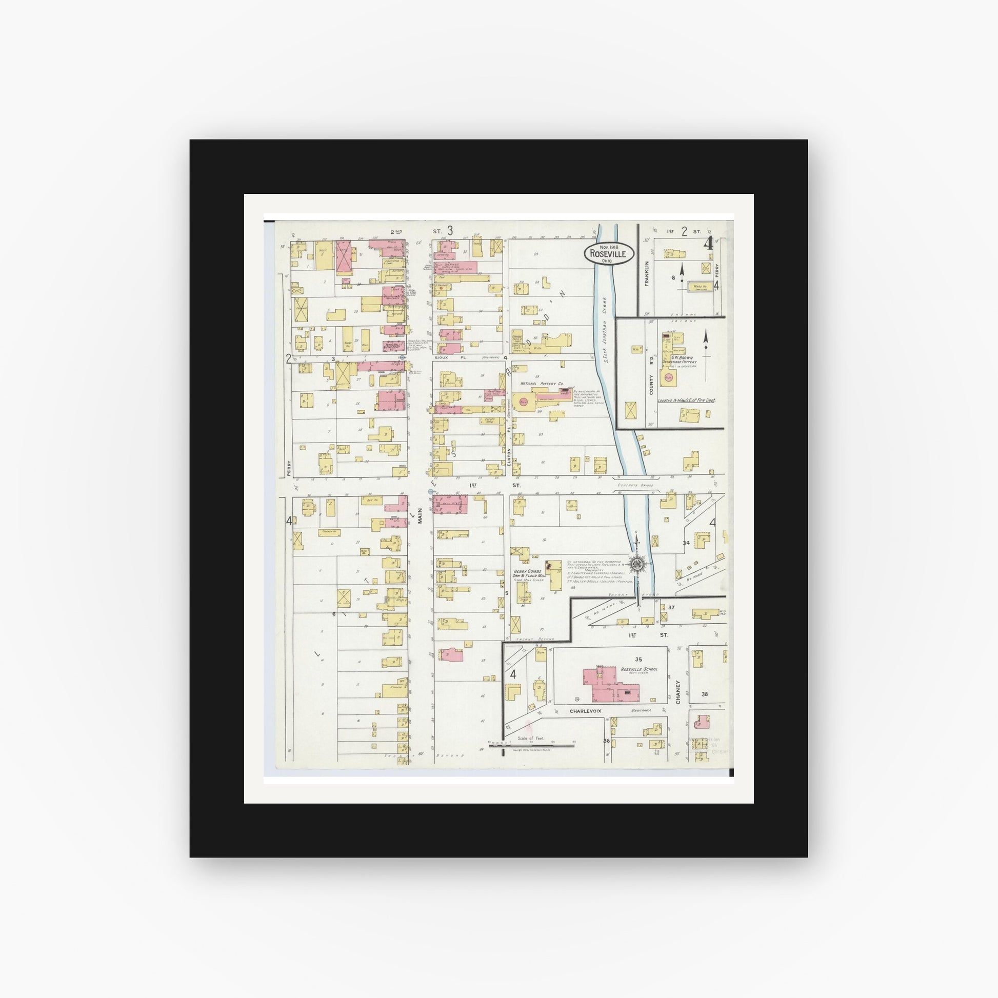 Old map wall art mockup — black gallery frame with white mat — Sanborn Fire Insurance Map from Roseville, Perry And Muskingum Counties, Ohio (1918), Sheet #0004
