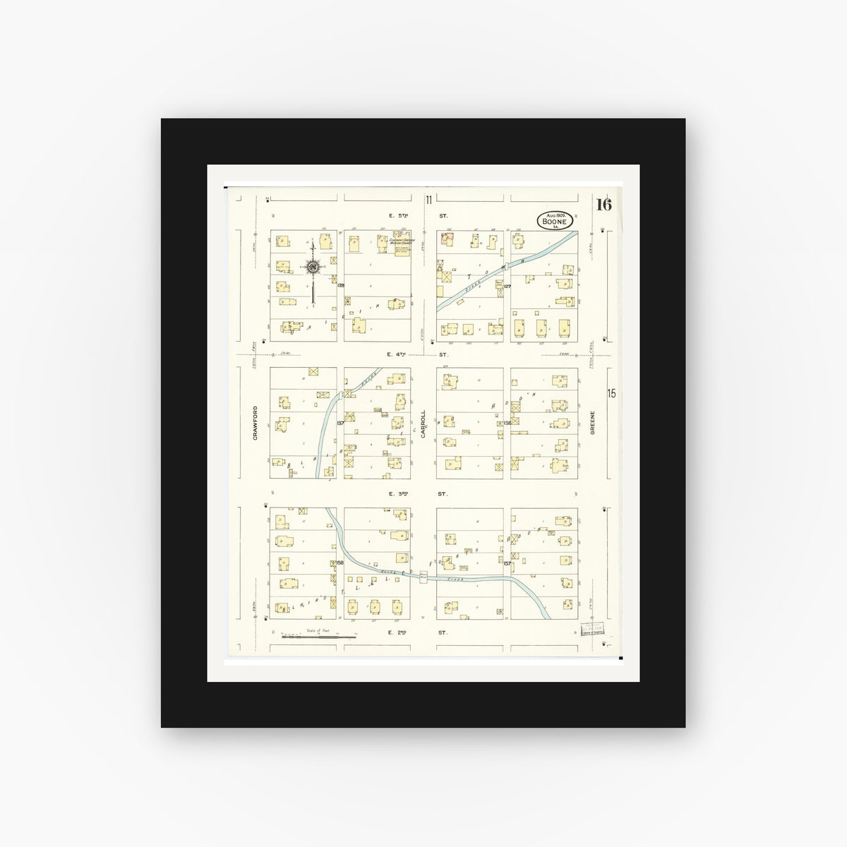 Old map wall art mockup — black gallery frame with white mat — Sanborn Fire Insurance Map from Boone, Boone County, Iowa (1909), Sheet #0016
