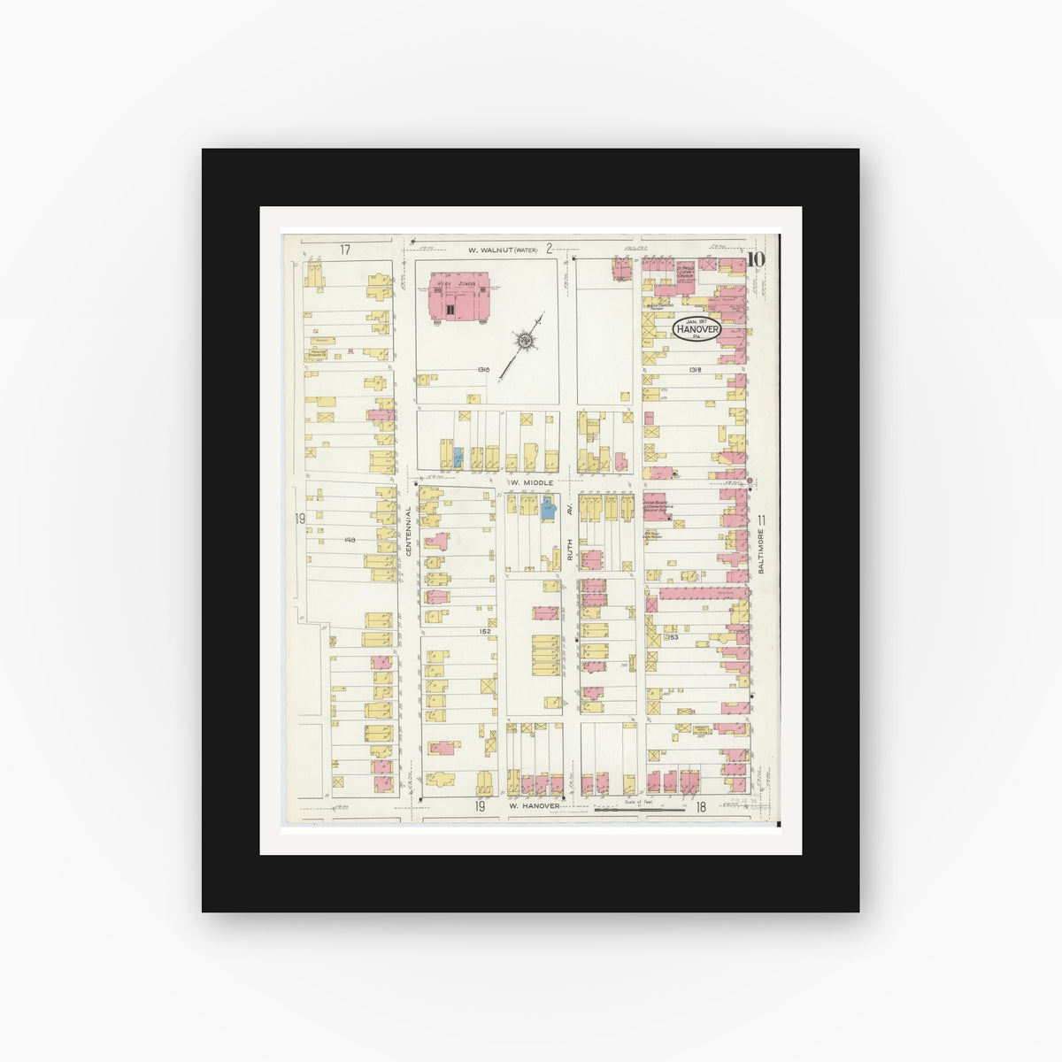 Old map wall art mockup — black gallery frame with white mat — Sanborn Fire Insurance Map from Hanover, York County, Pennsylvania (1917), Sheet #0010