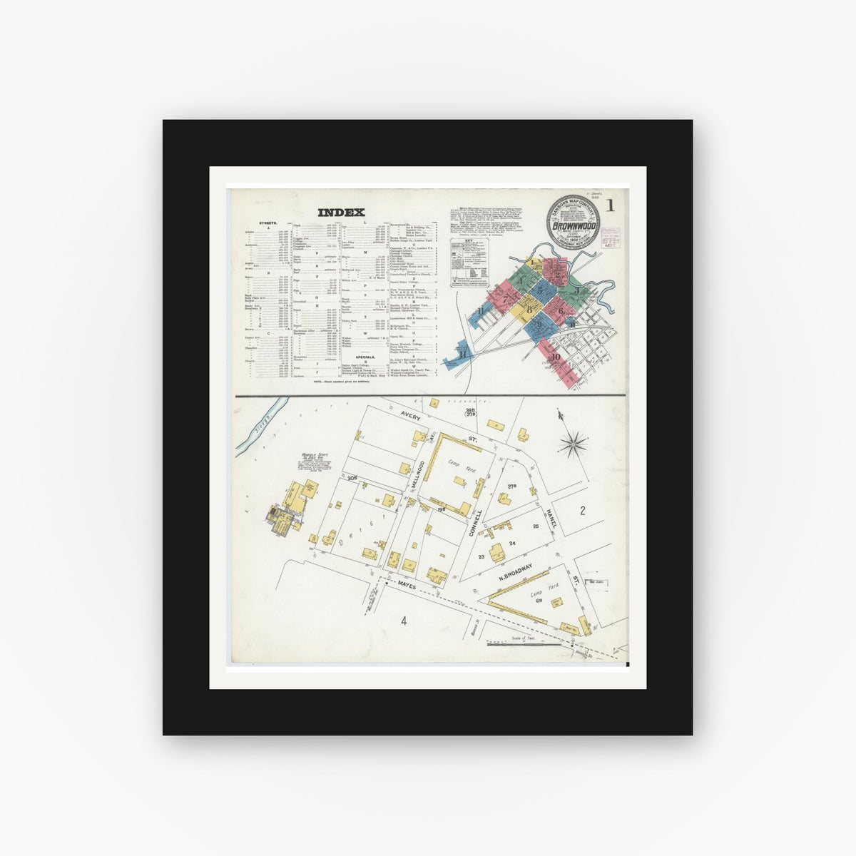 Old map wall art mockup — black gallery frame with white mat — Sanborn Fire Insurance Map from Brownwood, Brown County, Texas (1904), Sheet #0001