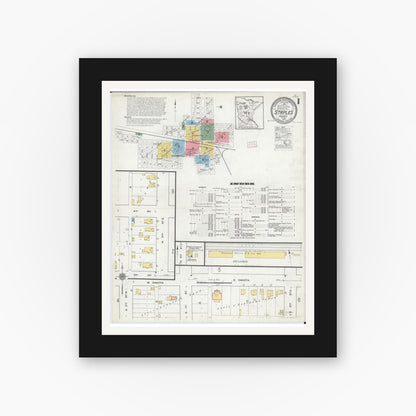 Old map wall art mockup — black gallery frame with white mat — Sanborn Fire Insurance Map from Staples, Todd County, Minnesota (1916) - Complete Map Set
