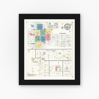 Old map wall art mockup — black gallery frame with white mat — Sanborn Fire Insurance Map from Washington, Washington County, Iowa (1902), Sheet #0001