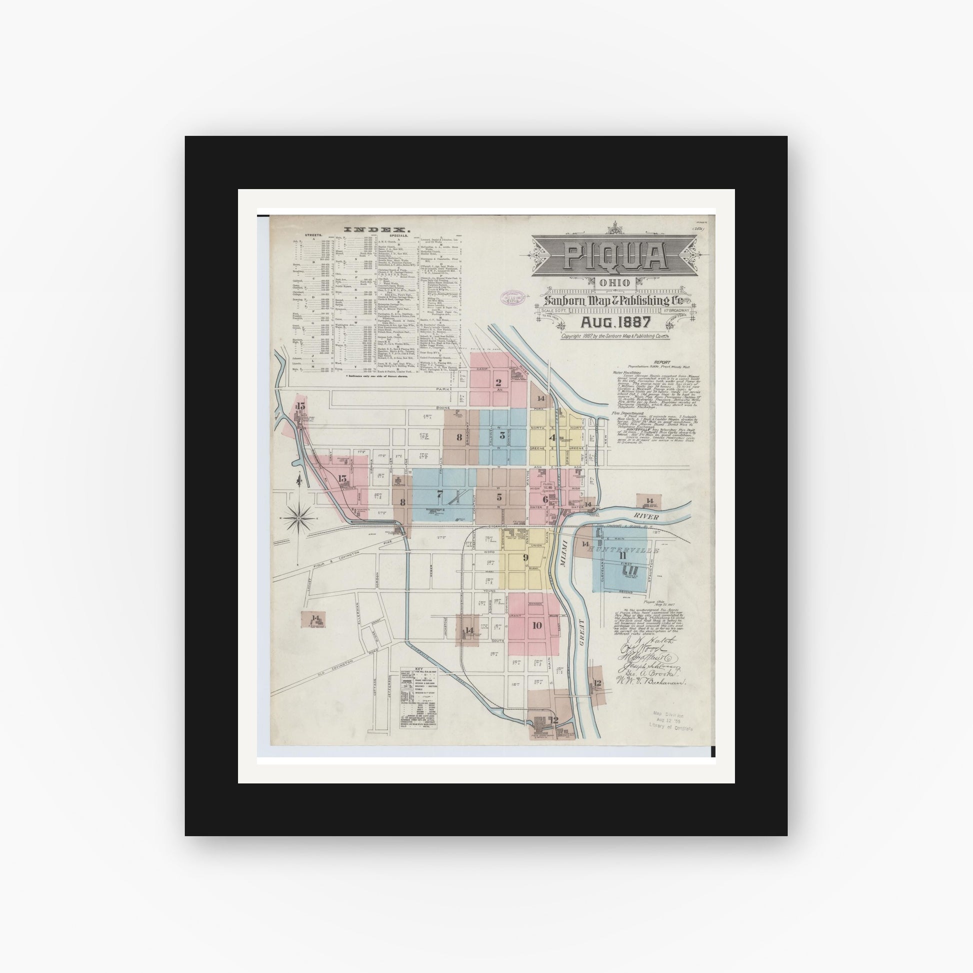 Old map wall art mockup — black gallery frame with white mat — Sanborn Fire Insurance Map from Piqua, Miami County, Ohio (1887), Sheet #0001
