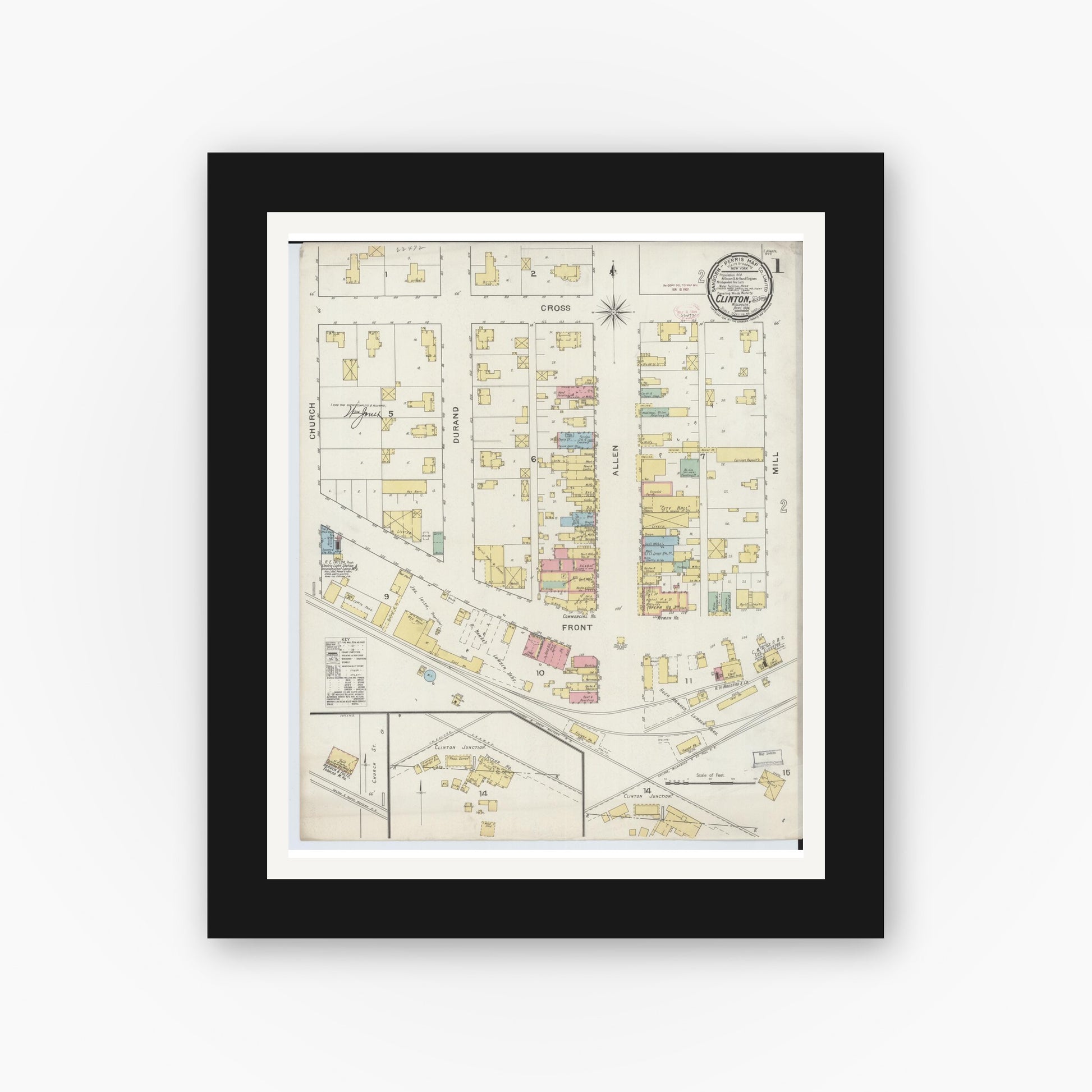 Old map wall art mockup — black gallery frame with white mat — Sanborn Fire Insurance Map from Clinton, Rock County, Wisconsin (1894), Sheet #0001
